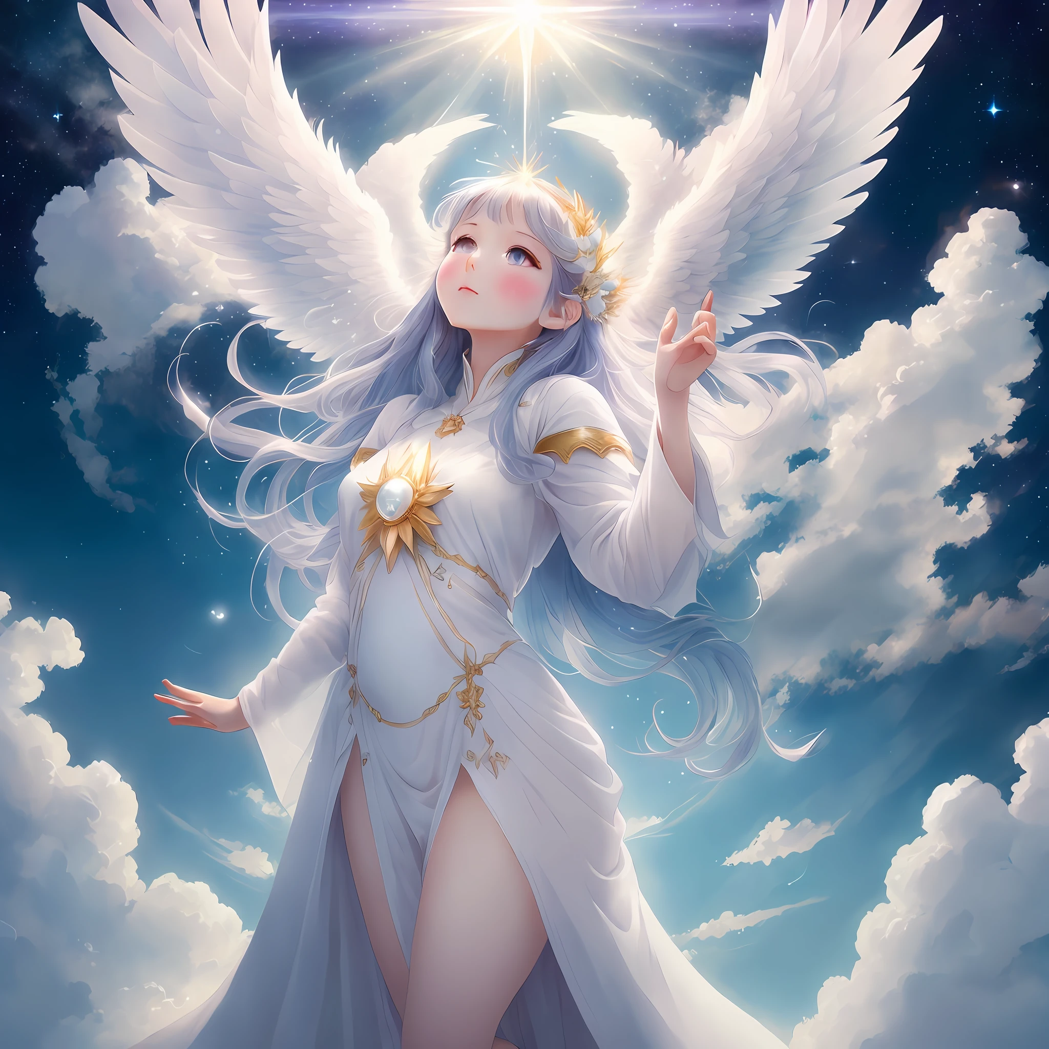 anime angel with white wings and a halo above her, full - body majestic angel, of beautiful angel, beautiful female angel, beautiful angel, of an beautiful angel girl, portrait of a beautiful angel, anime goddess, angelic purity, angelical, angelic, angelic halo, glowing angelic being, super wide angel, angel girl, tall female angel, anime fantasy illustration