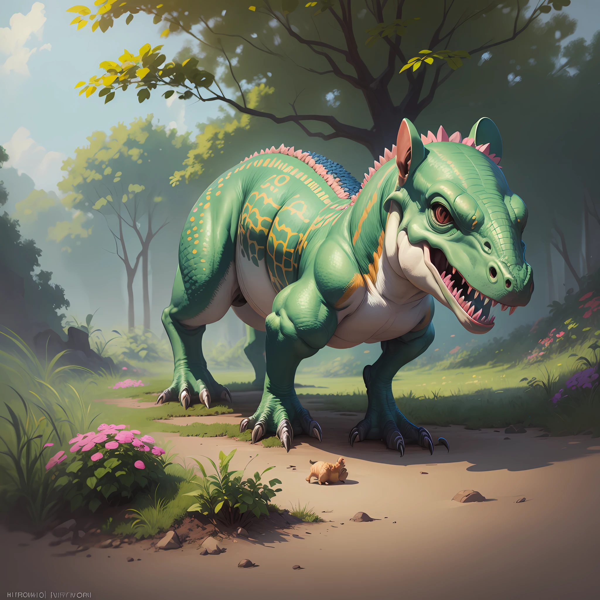 digital painting, headshot of 1 dinosaur, ((solo)) , he has expressive eyes, the dinosaur is surrounded by vegetation and colorful flowers, hiper-realistic, very detailed, artstation,