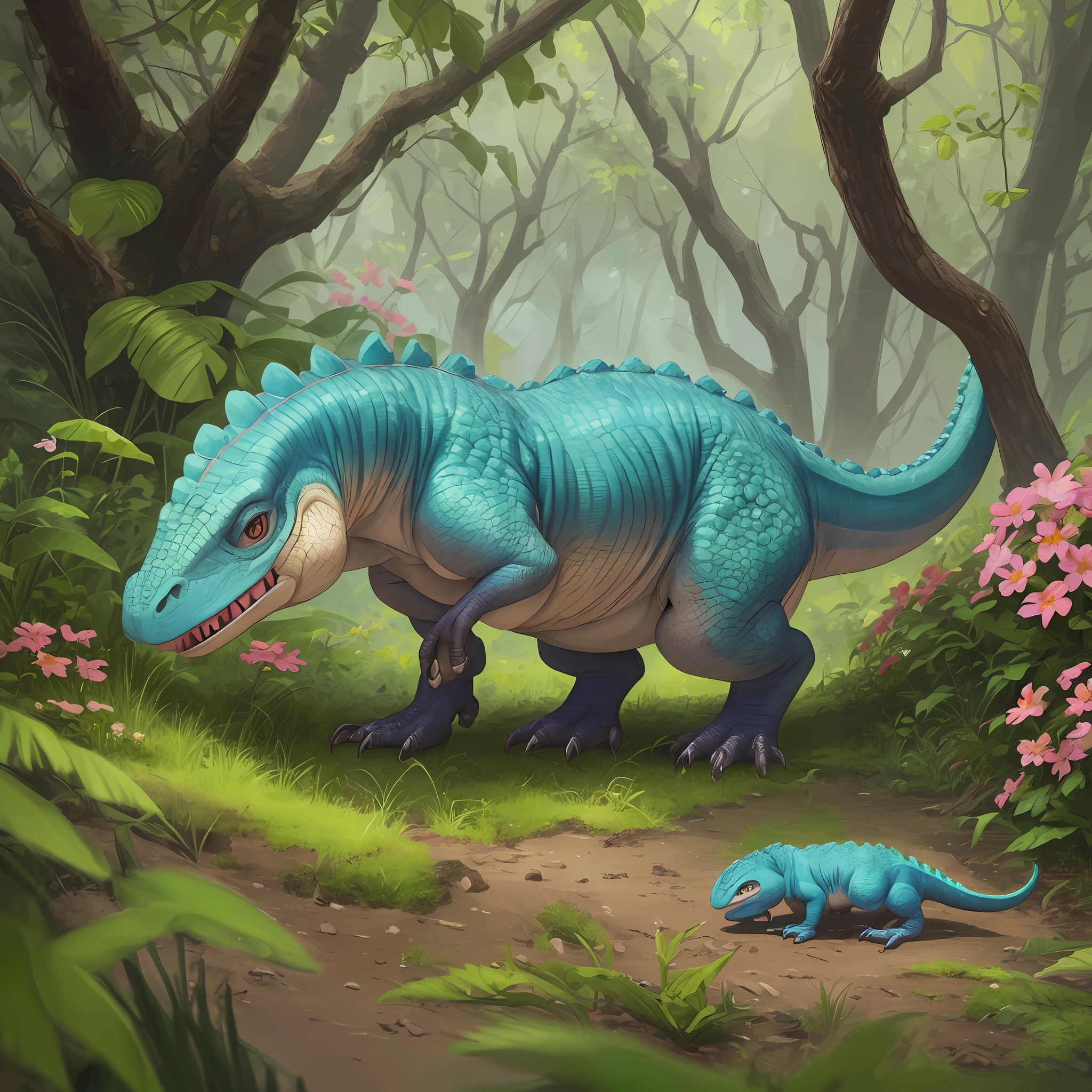 digital painting, headshot of 1 dinosaur, ((solo)) , he has expressive eyes, the dinosaur is surrounded by vegetation and colorful flowers, hiper-realistic, very detailed, artstation,