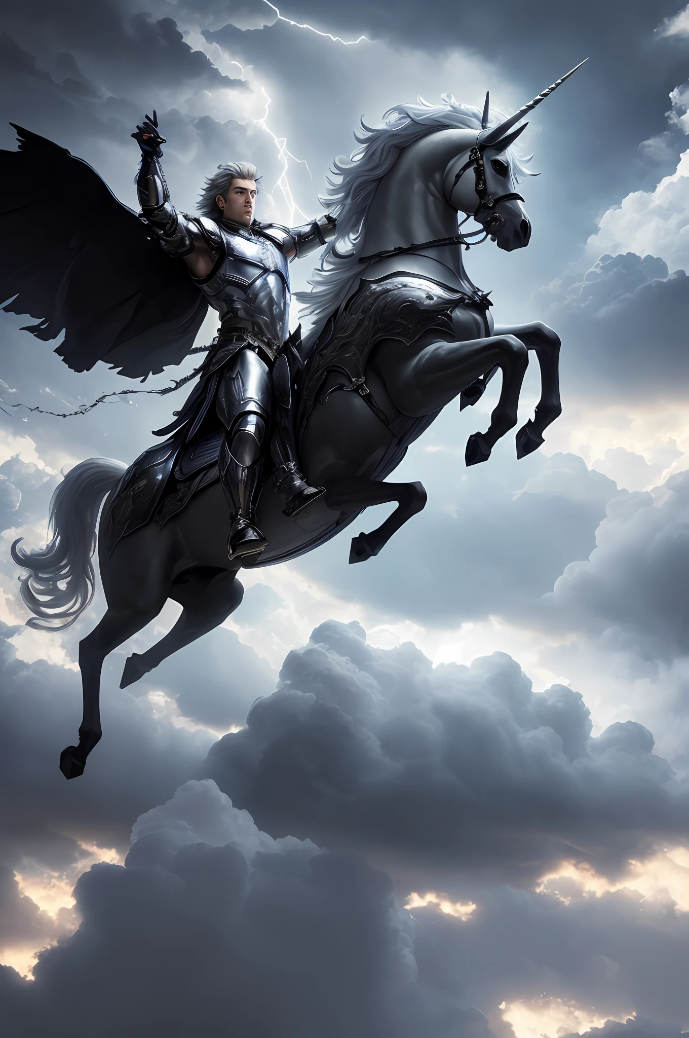 Masterpiece, best quality, very detailed CG unified 8k wallpaper, best illustration, realistic lighting, a young man riding a unicorn, dressed in silver armor and holding a very long riding gun in his hand, surrounded by black clouds and thunderbolts; Static composition, slight low angle, decisive cut, high-contrast colors, high-detail face