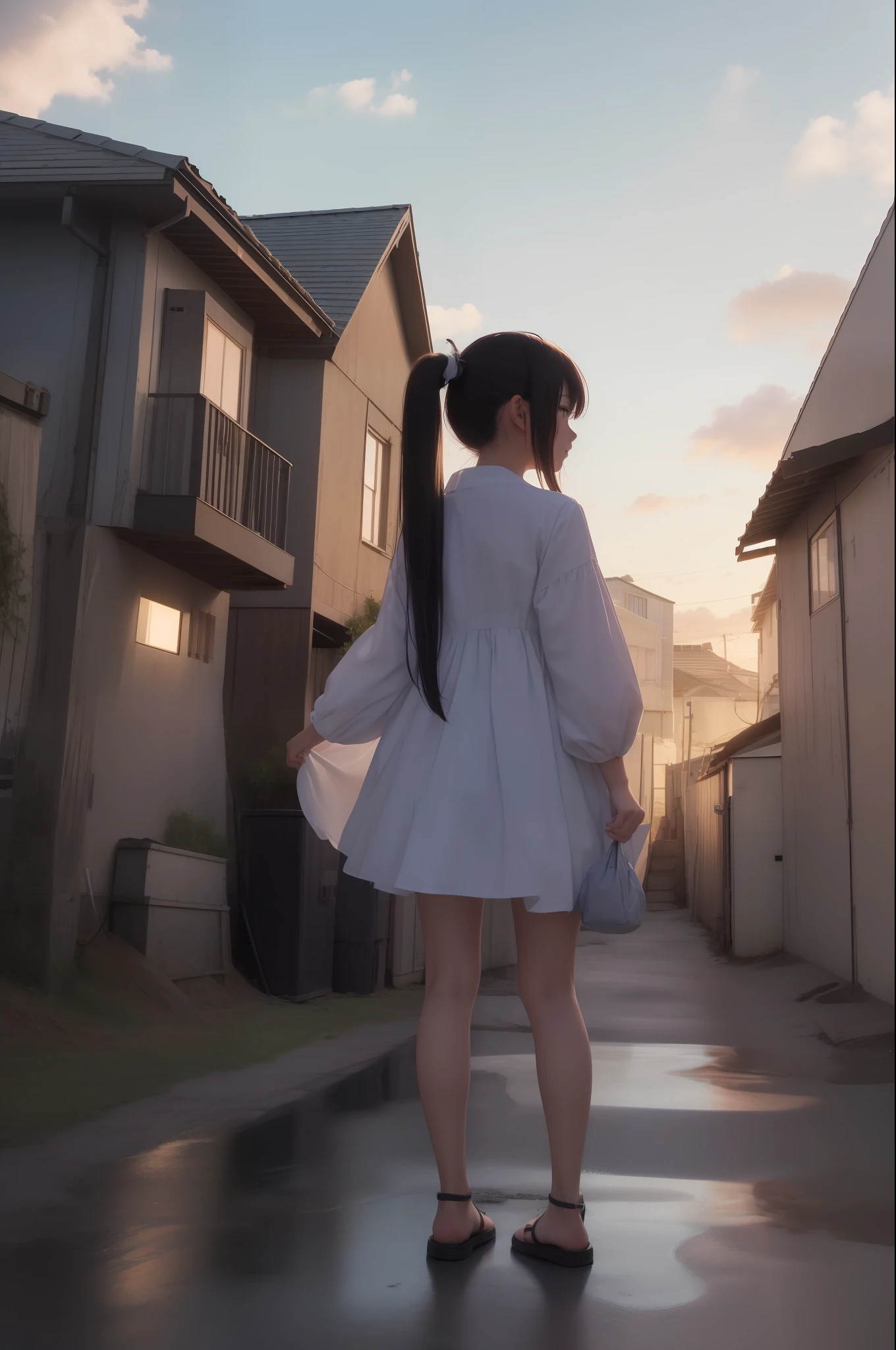 unknown, original, sakimori (hououbds), 1girl, building, cloud, dress, holding, landscape, light particles, long hair, path, ponytail, road, scenery, side ponytail, solo, standing