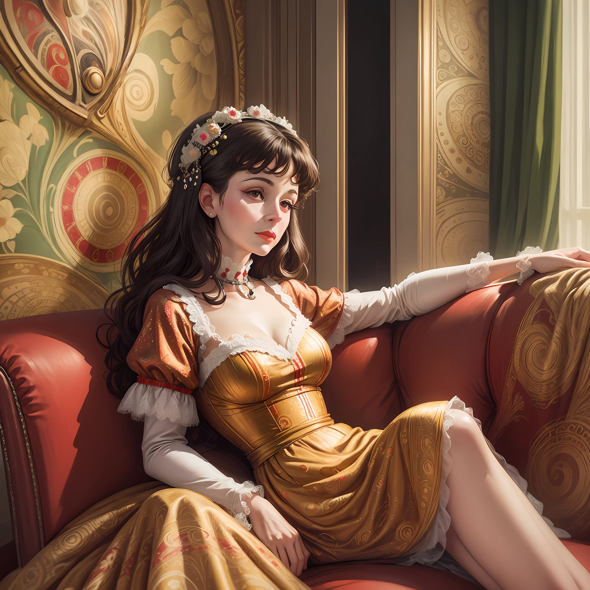 50s housewife sitting on a red sofa, digital painting in Klimt's style