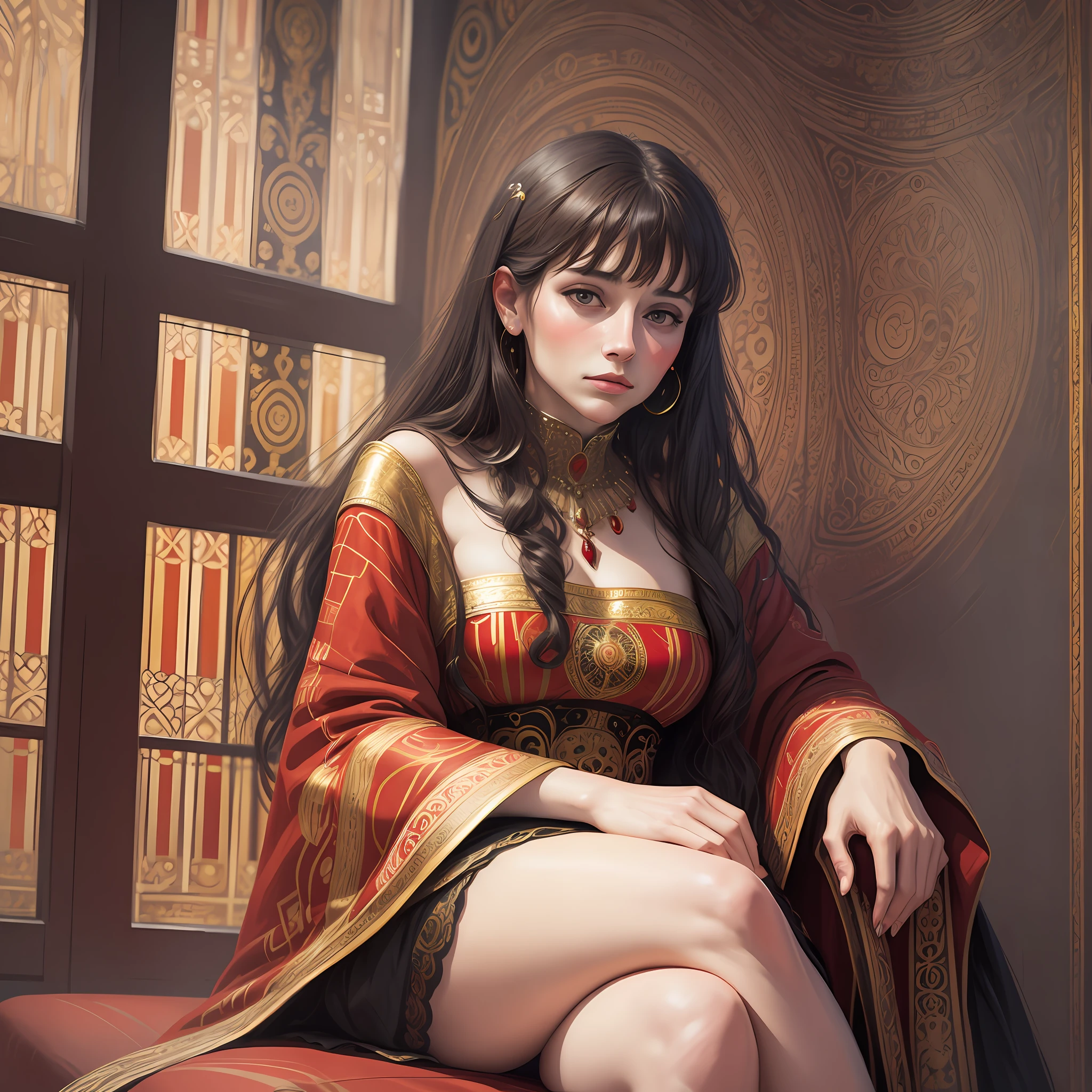bored woman, sitting on a red sofa, digital painting in Klimt's style
