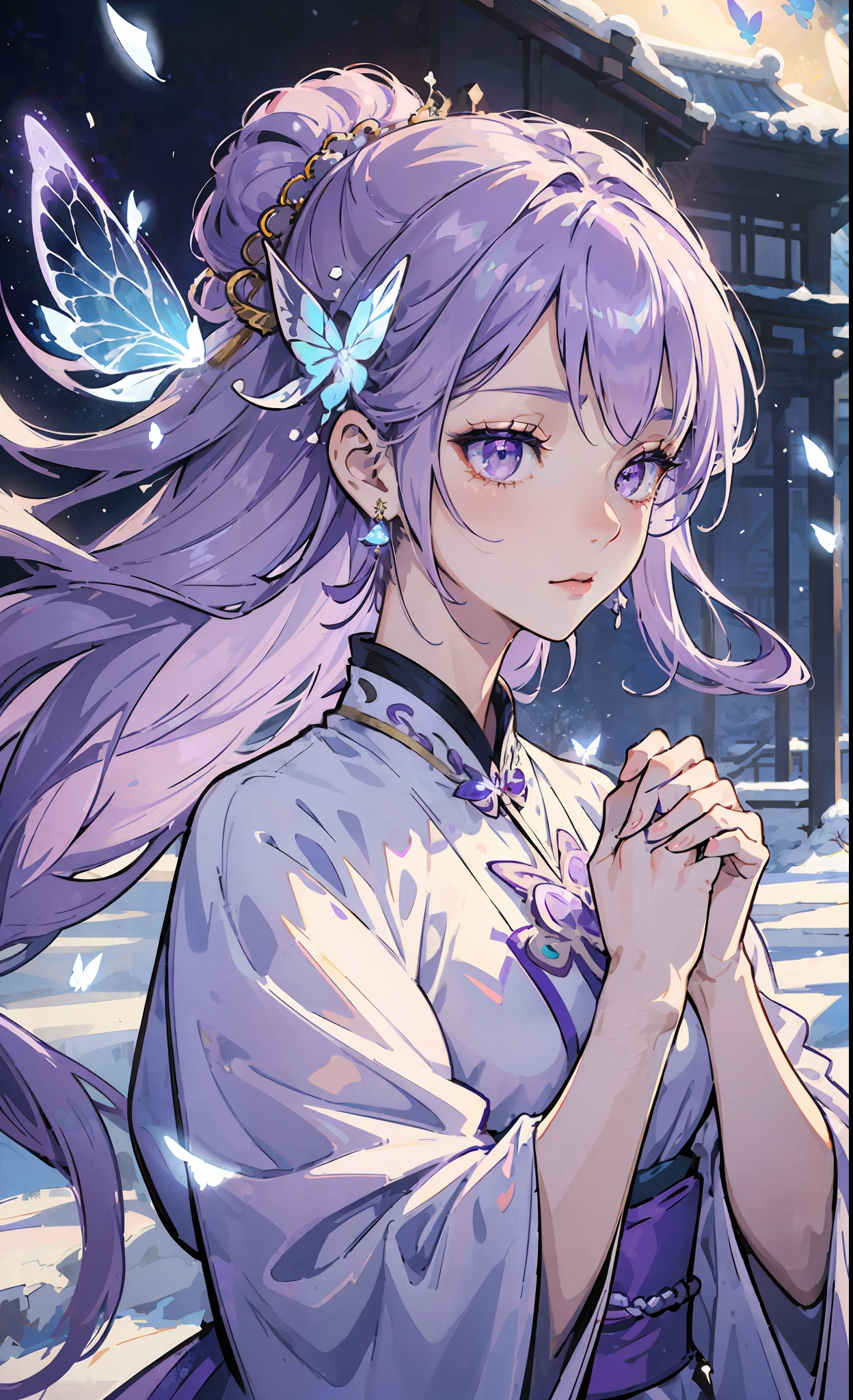 Official Art Illustration, Antique Beauty, Purple Eyes, Lilac Hair, Floating Hair, Delicate Eyes, White Chinese Style Costume, Gorgeous Accessories, Wearing Earrings, Sexy, FOV, F/1.8, Masterpiece, Outdoor Snow, Snowflakes, Blue Butterflies Flying, Side Light, Sunlight on People, 8K, Hazy, Close-up