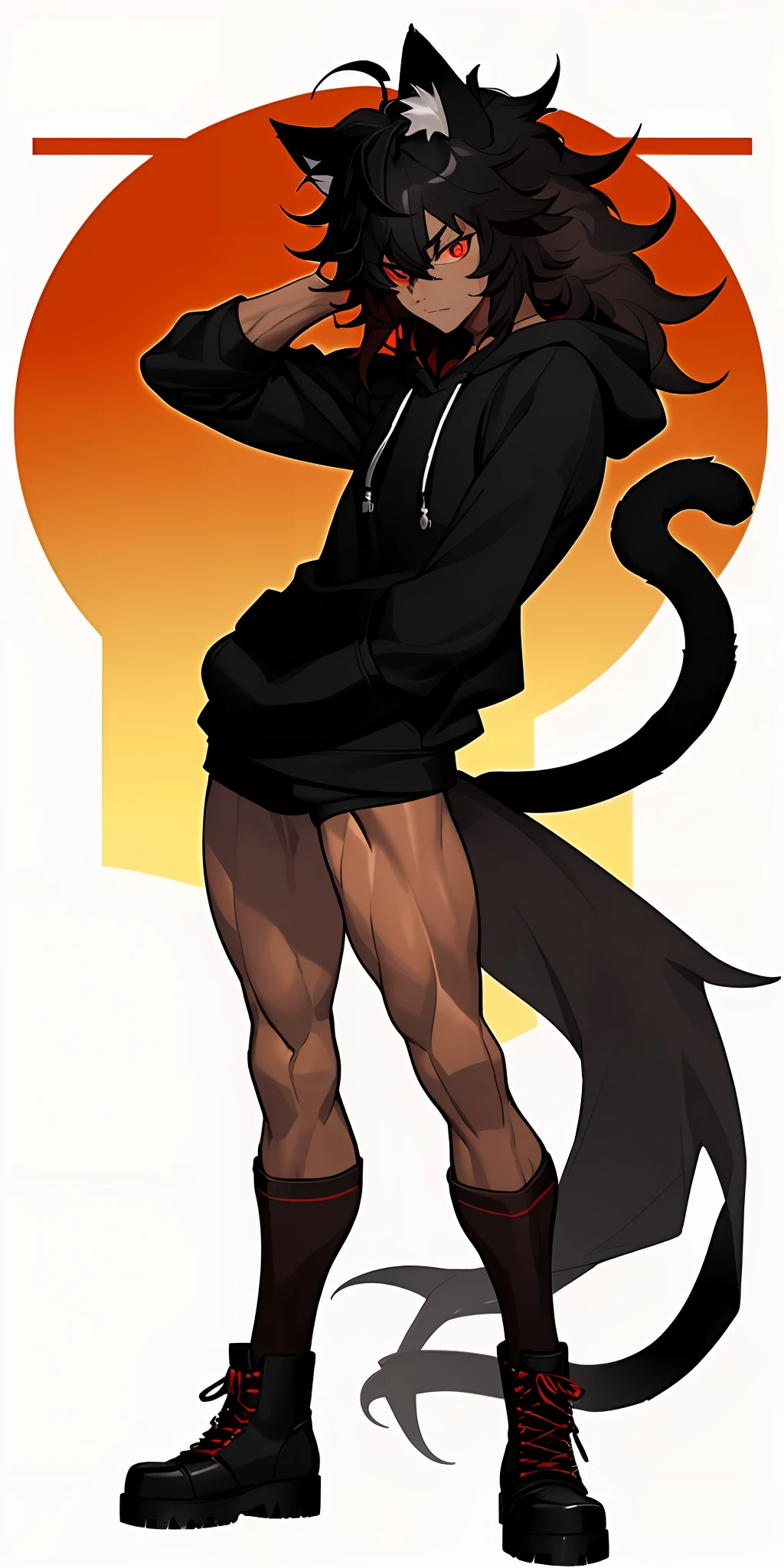 one boy, toned, flexing, sharp big cat ears, cat tail, big black messy hair, extremely vibrant red eyes, masterpiece, vibrant, bulge, slim dark black hoodie, full body view, neutral face, black thigh socks, combat boots.
