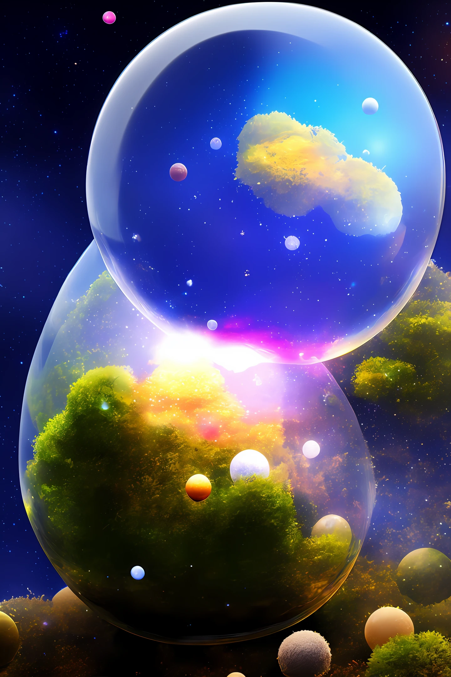 glass sphere anthill, floating planets and shiny stars, game design, high quality, magic 3D