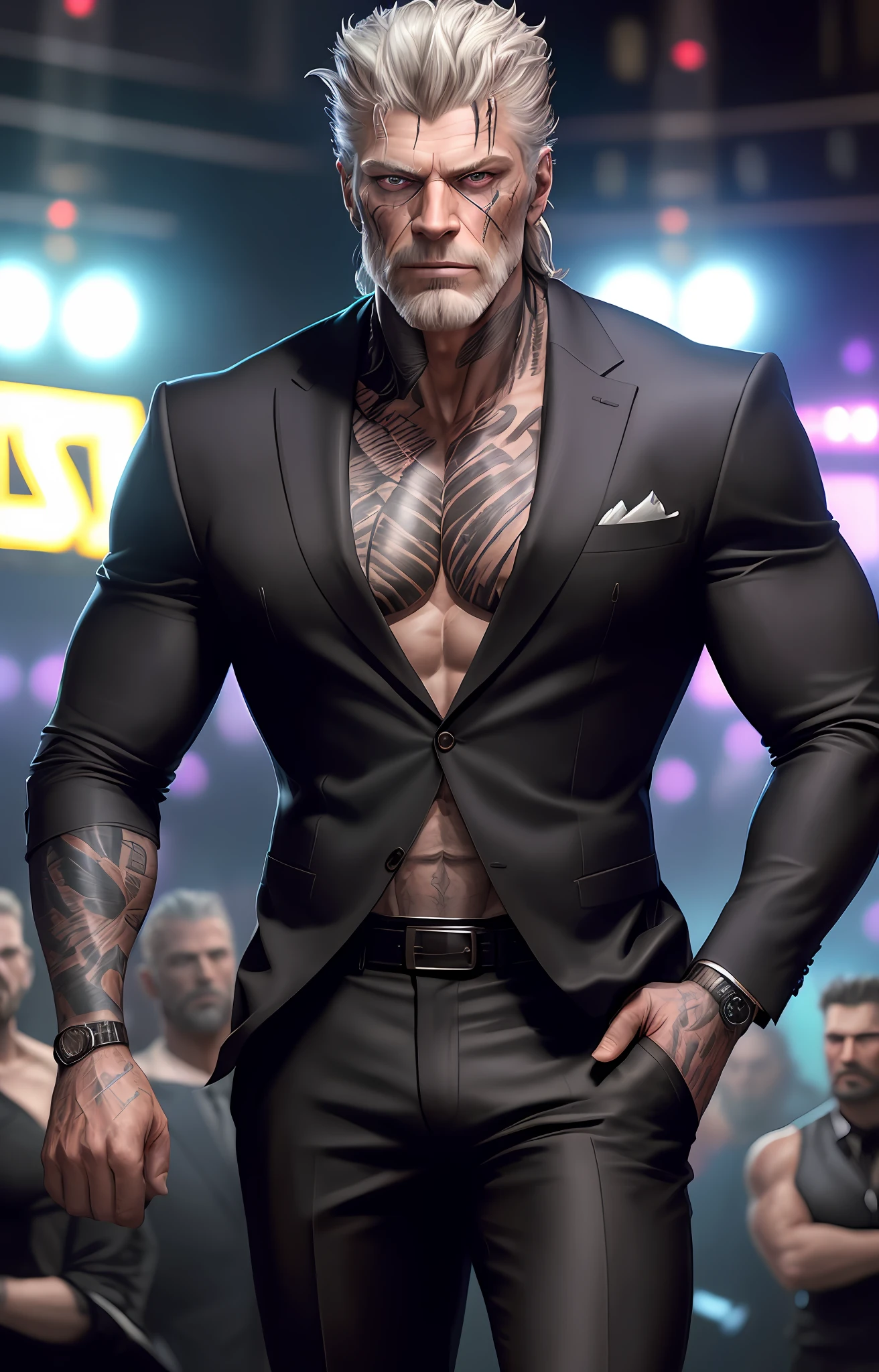 Extremely detailed, very realistic, very sharp, hyperrealistic, best quality, masterpiece, 50 age, tall muscled, grizzled stylish hair, stubble, Stephen Lang, ((scars)), pants, evil, (((nightclub))), (suit), full shot, neon, tattoos