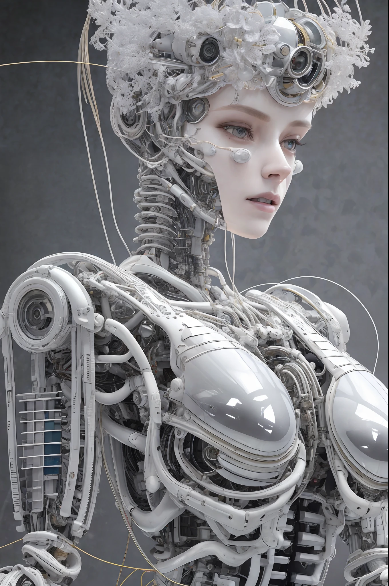 complex 3d render ultra detailed of a beautiful porcelain profile woman android face, cyborg, robotic parts, 150 mm, beautiful studio soft light, rim light, vibrant details, luxurious cyberpunk, lace, hyperrealistic, anatomical, facial muscles, cable electric wires, microchip, elegant, beautiful background, octane render, H. R. Giger style, 8k, best quality, masterpiece, illustration, an extremely delicate and beautiful, extremely detailed ,CG ,unity ,wallpaper, (realistic, photo-realistic:1.37),Amazing, finely detail, masterpiece,best quality,official art, extremely detailed CG unity 8k wallpaper, absurdres, incredibly absurdres, , robot, silver halmet, full body, sitting