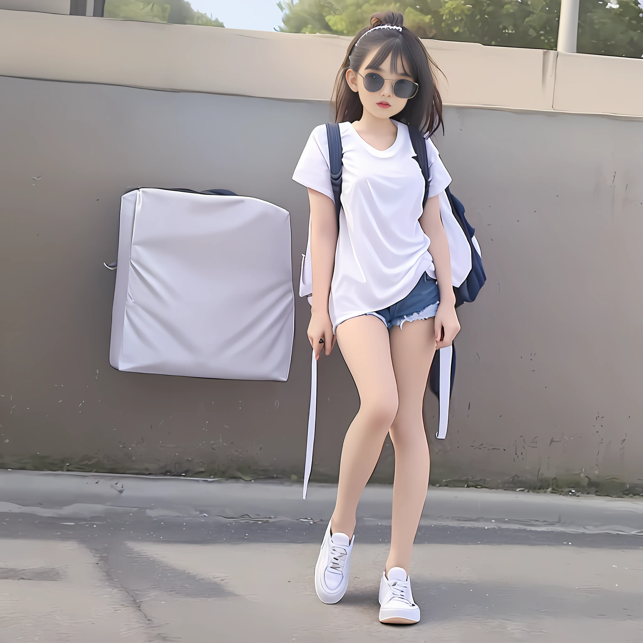 Young beautiful girl, super detailed, official fine art, unity 8k wallpaper, (fashion magazine cover: 1.3), denim shorts, white t-shirt, canvas shoes, backpack, sunglasses