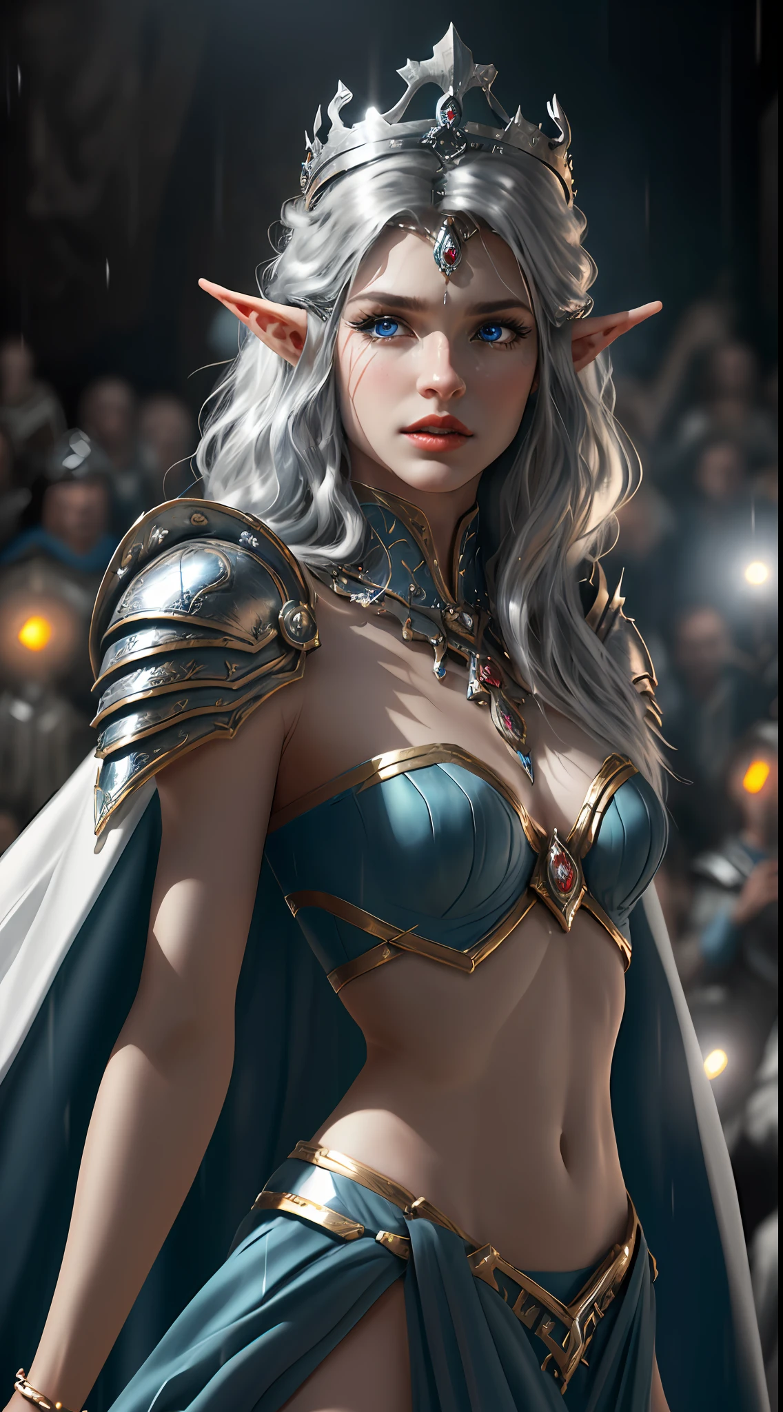 wlop,authentic, best quality, cinematic lighting, painting, fine art,young and charming,eye detail portrayal,a female elf,,solo, rain, little red lips, white back combed shawl long hair, silver armor, metallic texture, silver elf crown, look at the audience, gauntlet, shut up, white cape, glowing blue eyes, blurred background, battle background, cowboy shooting, contrapposto, looking at the audience, high resolution, superb, 8k wallpaper, very detailed, intricate, Unreal Engine 5, volumetric lighting, realistic, realistic lighting, cinema, 4k, cinematic lighting, 8k, depth of field, 3d, masterpiece, perfect, award-winning, ultra-detailed, realistic, ultra-realistic, realistic light, bright light, intricate detail, stop motion animation, super focus, tone mapping, sharp focus, ultra-detailed, detailed eyes, eye focus, (illustration: 1.1), high resolution, (very detailed CG unified 8k wallpaper: 1.1), (medium 1.25), (Portrait: 1.25), (Single: 1.2), 1girl, (Beauty: 1.15),