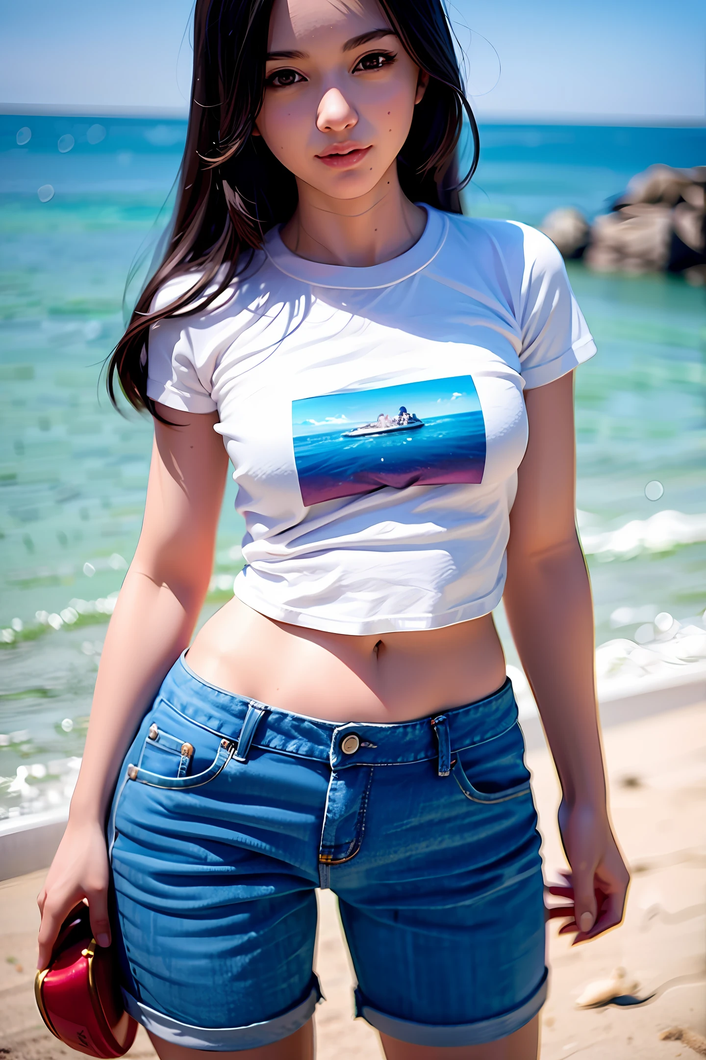 High detailed, masterpiece, pretty female, white skin, Crop T-shirt, shy, short pants, beach background, little smile, blushing