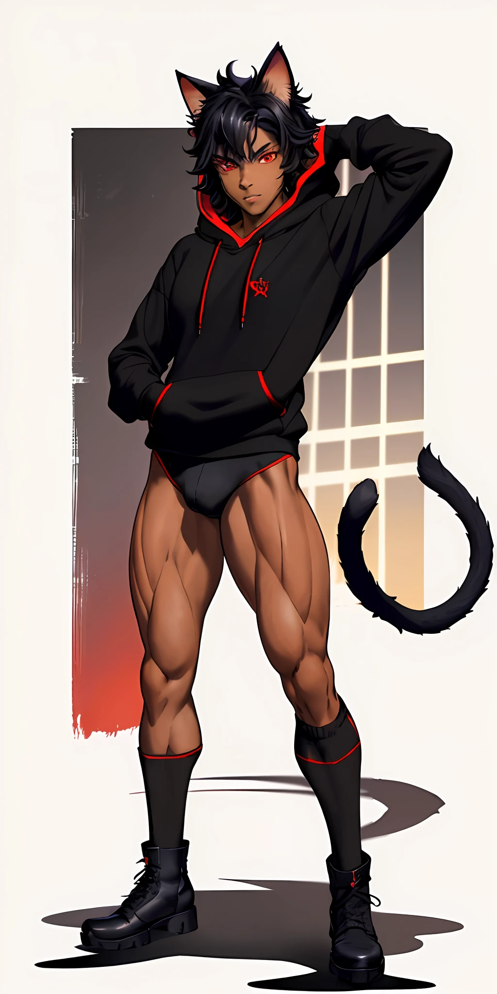 one boy, toned, flexing, sharp big cat ears, cat tail, big black messy hair, extremely vibrant red eyes, masterpiece, vibrant, bulge, slim dark black hoodie, full body view, neutral face, black thigh socks, combat boots.