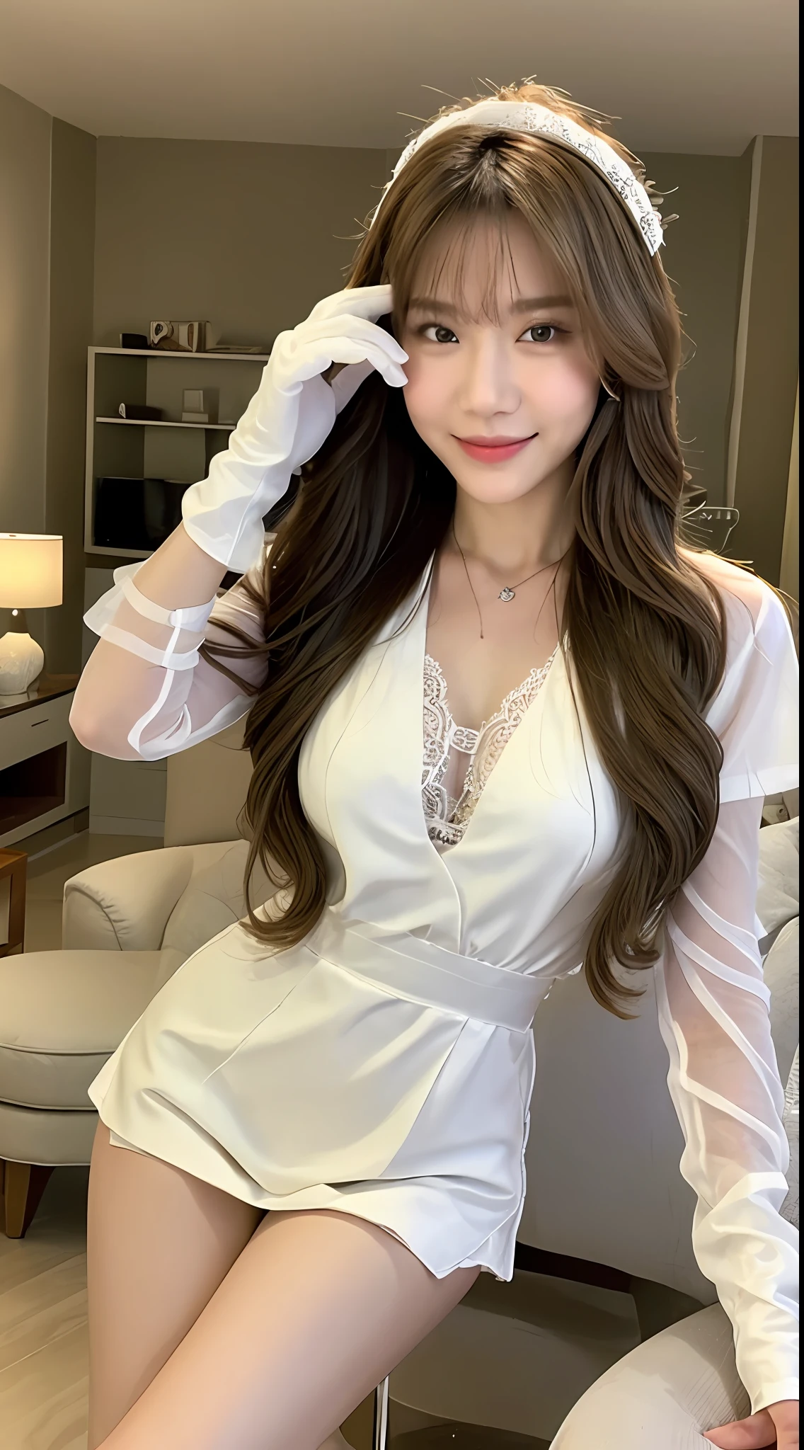 ((Best Quality, 8K, Masterpiece: 1.3)), Focus: 1.2, Perfect Body Beauty: 1.4, Buttocks: 1.2, ((Delicate Hair)), (Clear Nurse Suit: 1.1), White Lace Gloves, (Room, Living Room: 1.3), Highly detailed face and skin texture, Fine eyes, Double eyelids, whitened skin, Big breasts, smile, wearing necklace,