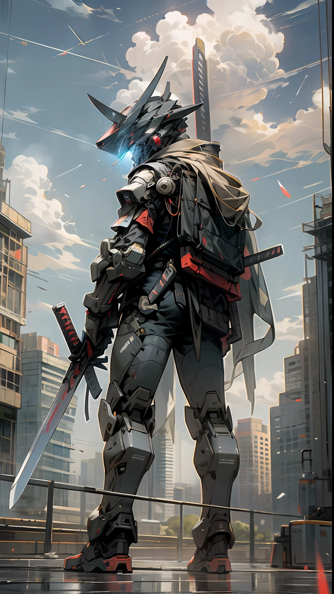sky, clouds, holding_weapon, no_humans, glow, samurai robots, architecture, science fiction, cities, reality --v6