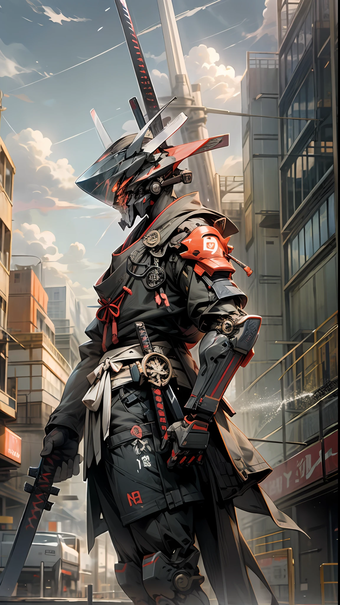 sky, clouds, holding_weapon, no_humans, glow, samurai robots, architecture, science fiction, cities, reality --v6