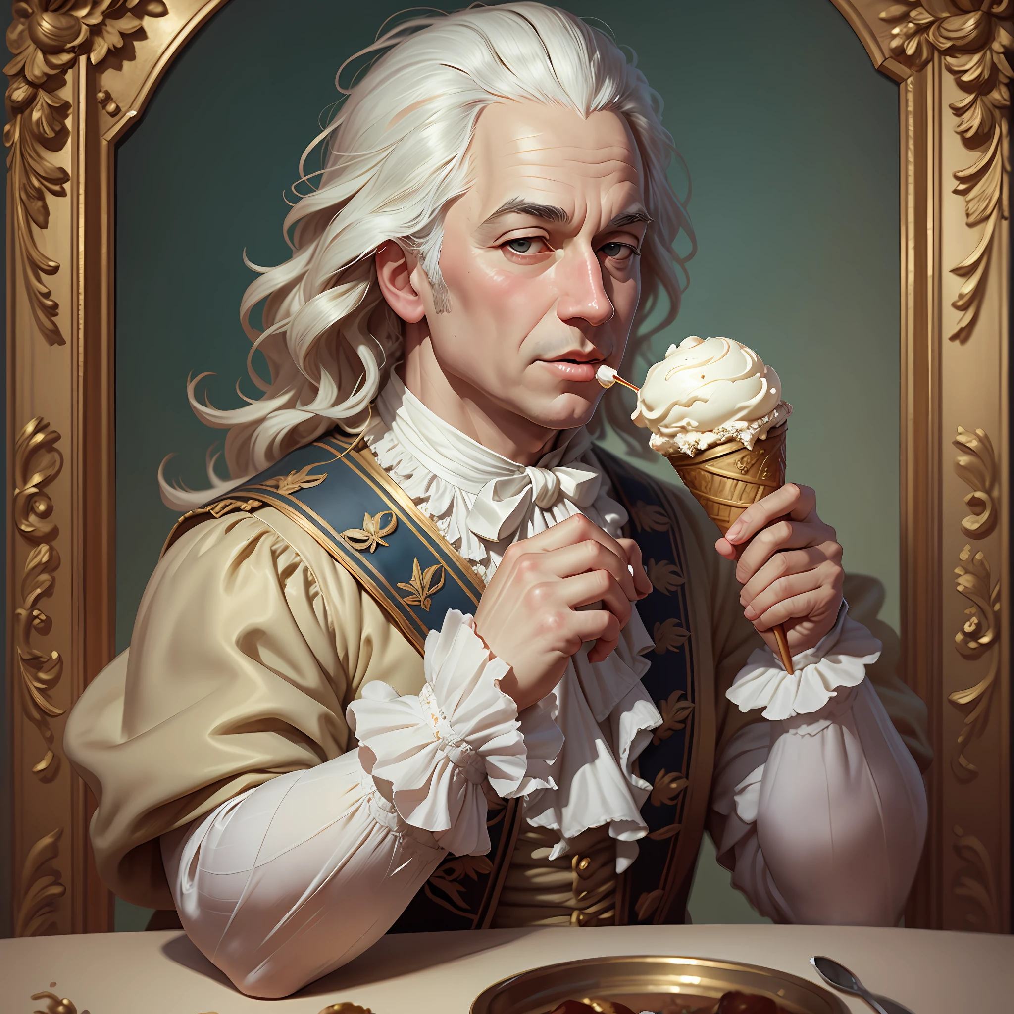 Louis XVI of France eating an ice cream, digital painting, realistic, artstation,