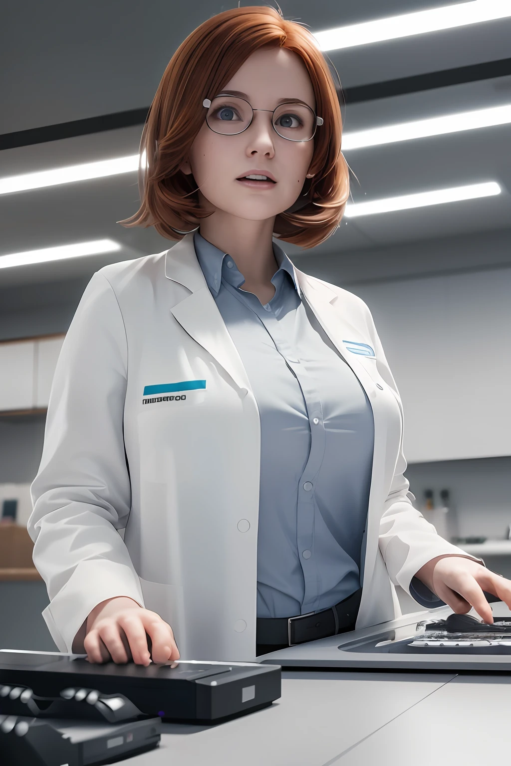 scientist redhead irish woman in a white lab coat working in a laboratory, (surprised face:1.6), square glasses, long messy hair, (retro computers, strange devices), rendered in sfm, (curvy:0.75), photorealistic girl render, thicc, super detailed render, seductive girl, 4k digital art, highly detailed, trending on cgstation, 8k high quality detailed art, cleavage, god rays, professional lighting, photon mapping, radiosity, physically-based rendering