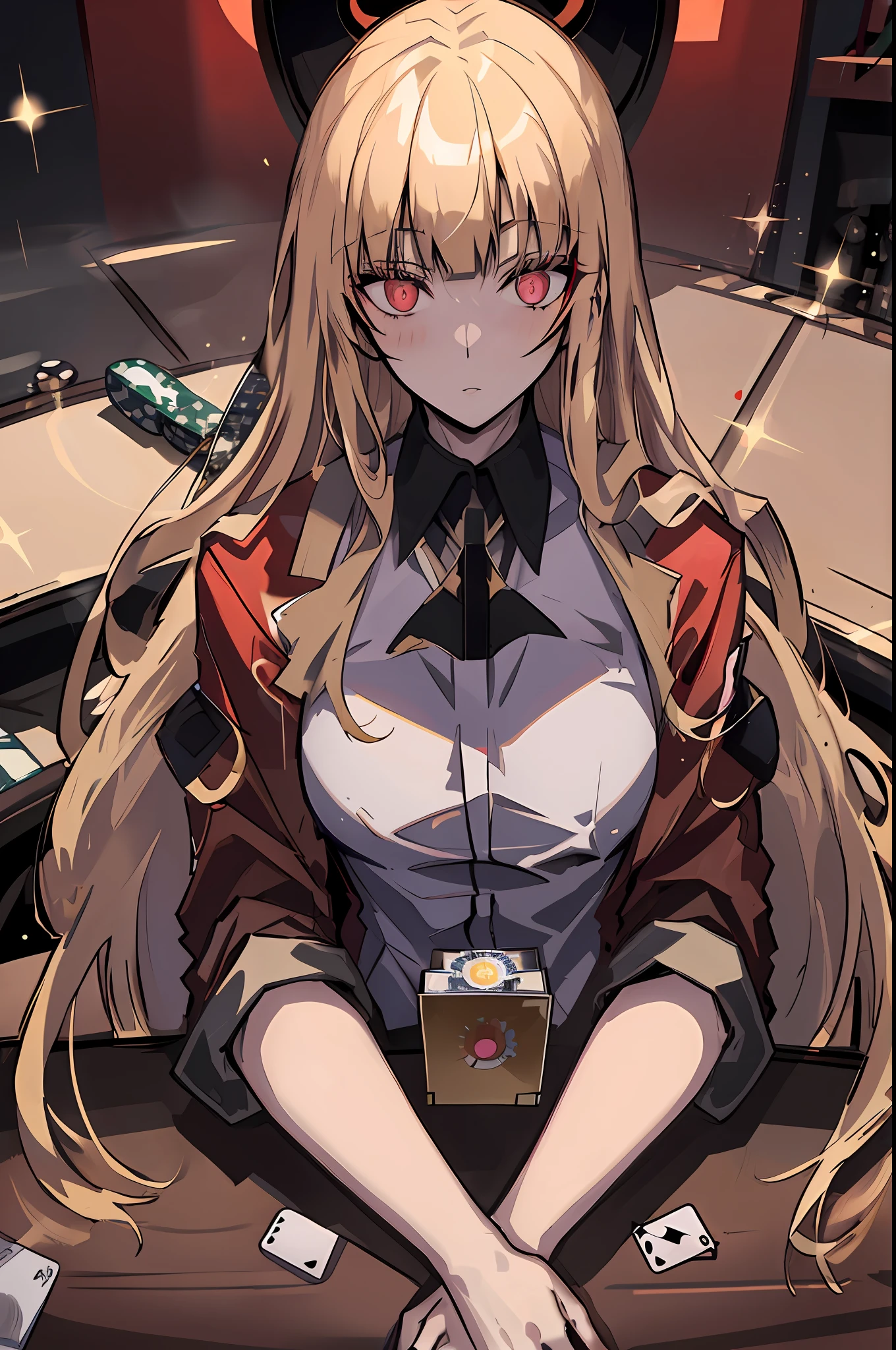 very long hair, golden hair, jacket, red_jacket, red_eyes, bangs, school_uniform, straight hair, blunt_bangs, inside the casino, poker table, poker cards, overlooking the viewer, big, full body, crazy eyes, insane, wide open eyes, glowing eyes, shiny lips, blush, satisfying look, sexually aroused, obsessive look, crazy look, hand from frame, adult,, blond