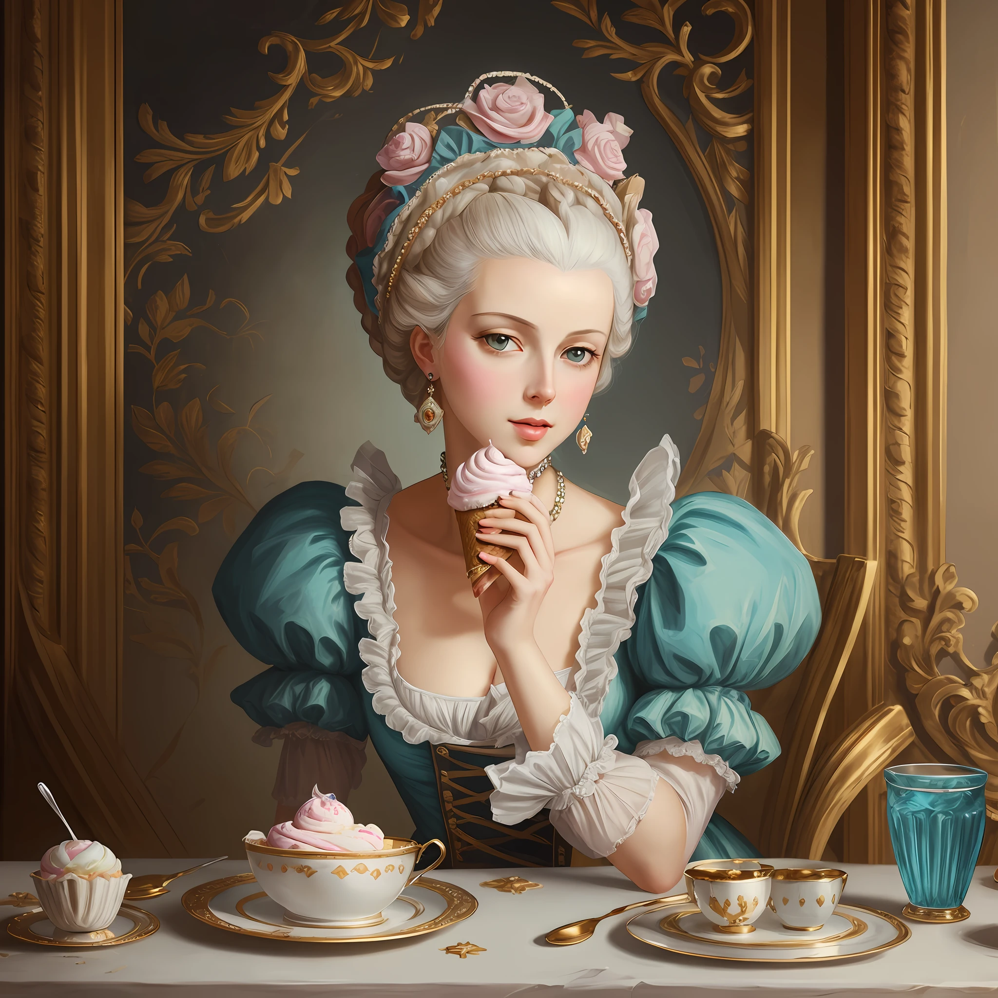Marie Antoinette, Queen of France eating an ice cream, digital painting, realistic, artstation,