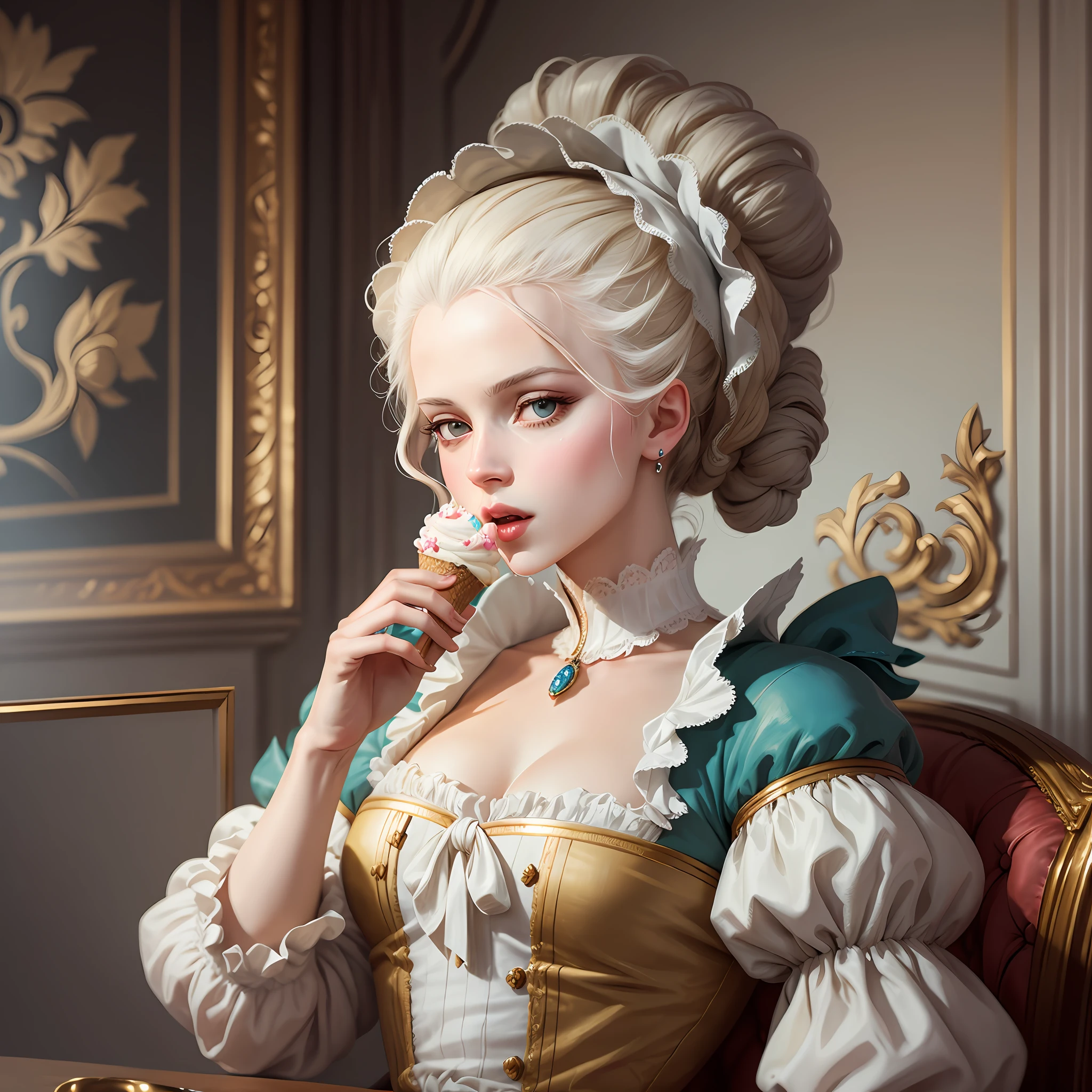 Marie Antoinette, Queen of France eating an ice cream, digital painting, realistic, artstation,