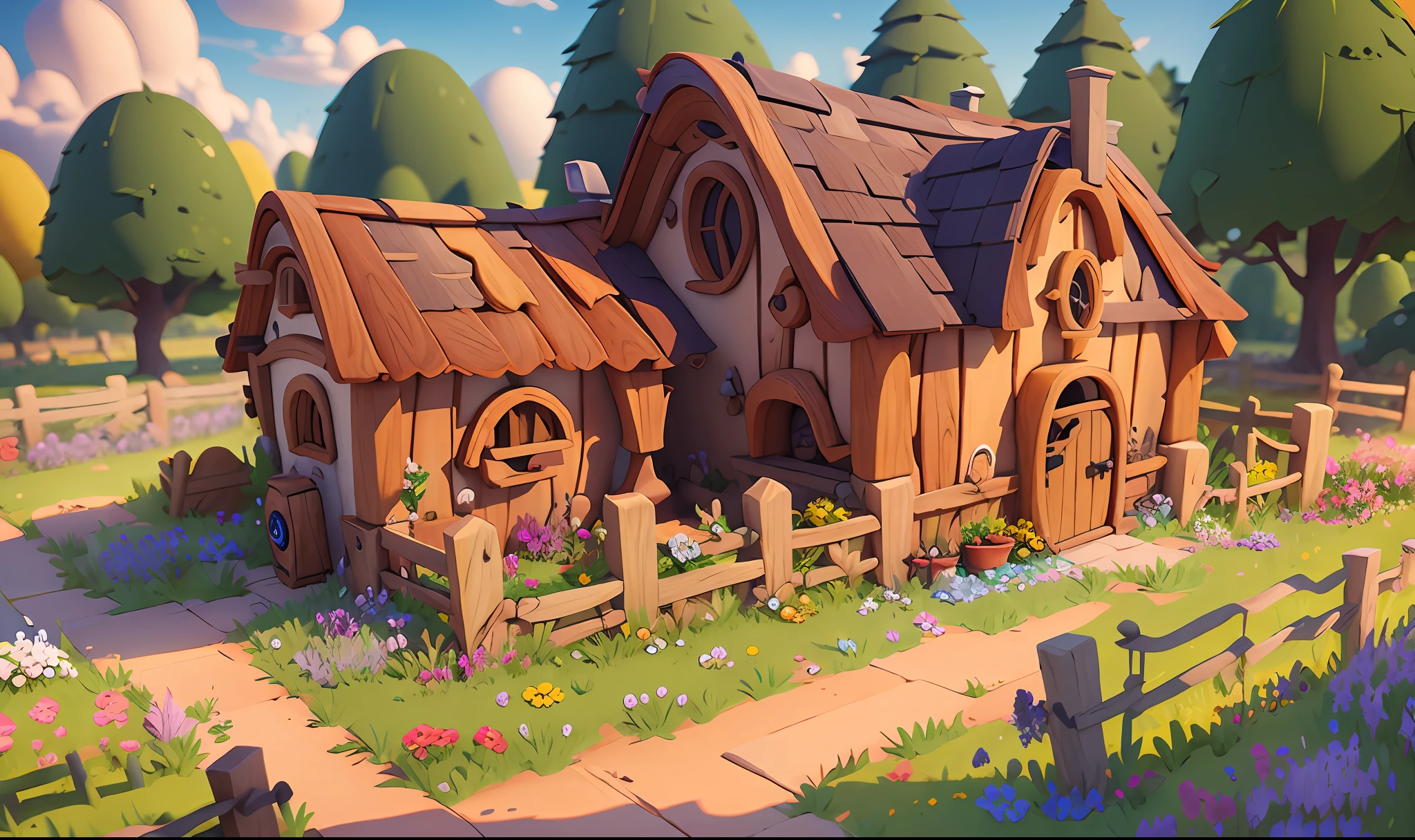 game architectural design, cartoon, farm, crop, wood fence, stone, brick, meadow, flowers, casual play style, 3d, blender, masterpiece, best quality