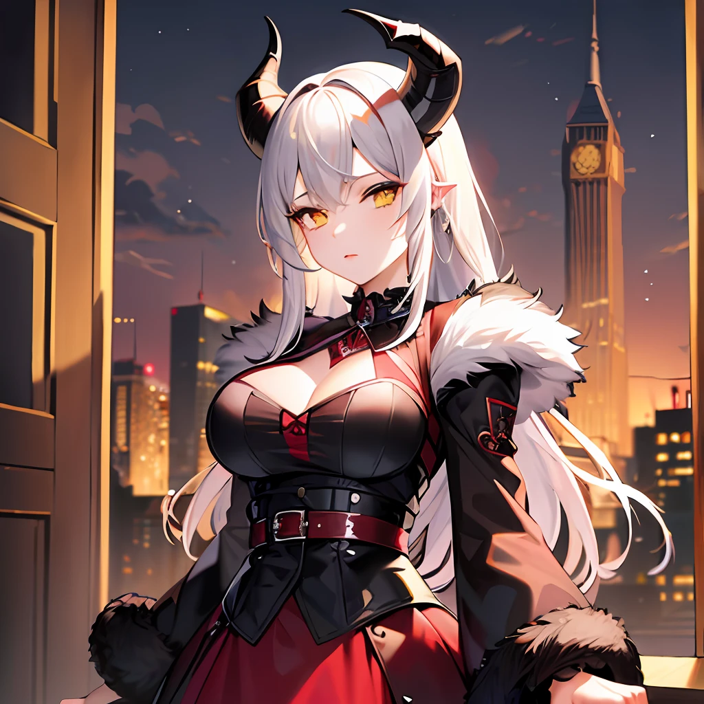 ((masterpiece, Best quality, 16k)), beautiful, 1 girl, (gothic), (punk), turns to camera, wine-red dress with fur on sleeves, black belt, white hair, black lips, yellow eyes, (4 horns), moonlight