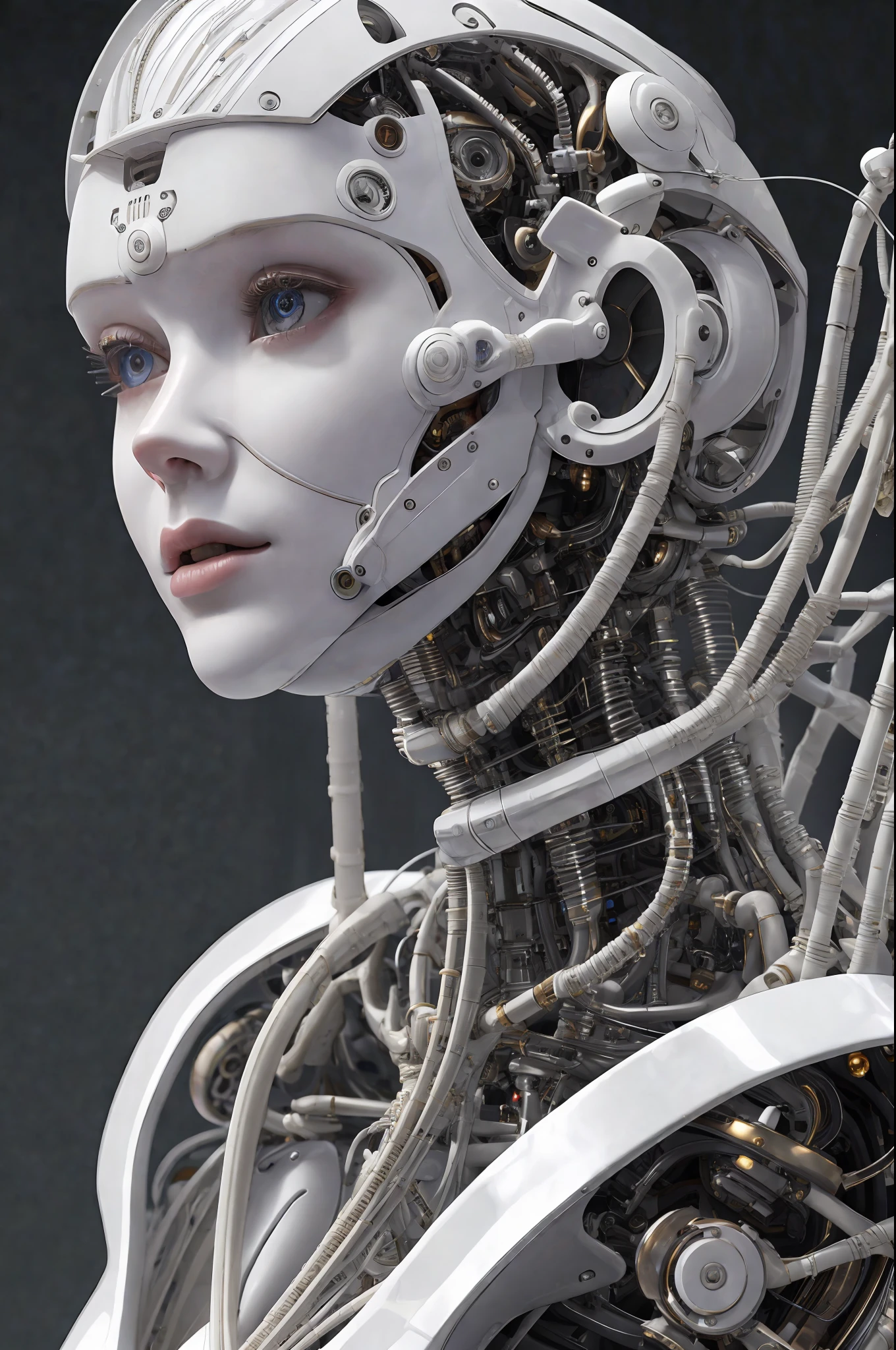 complex 3d render ultra detailed of a beautiful porcelain profile woman android face, cyborg, robotic parts, 150 mm, beautiful studio soft light, rim light, vibrant details, luxurious cyberpunk, lace, hyperrealistic, anatomical, facial muscles, cable electric wires, microchip, elegant, beautiful background, octane render, H. R. Giger style, 8k, best quality, masterpiece, illustration, an extremely delicate and beautiful, extremely detailed ,CG ,unity ,wallpaper, (realistic, photo-realistic:1.37),Amazing, finely detail, masterpiece,best quality,official art, extremely detailed CG unity 8k wallpaper, absurdres, incredibly absurdres, , robot, silver halmet, full body, sitting