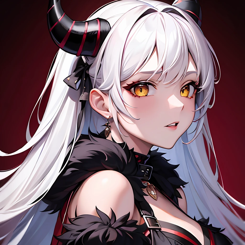 ((masterpiece, Best quality, 16k)), beautiful, 1 girl, (gothic), (punk), turns to camera, wine-red dress with fur on sleeves, black belt, white hair, black lips, yellow eyes, (4 horns), moonlight