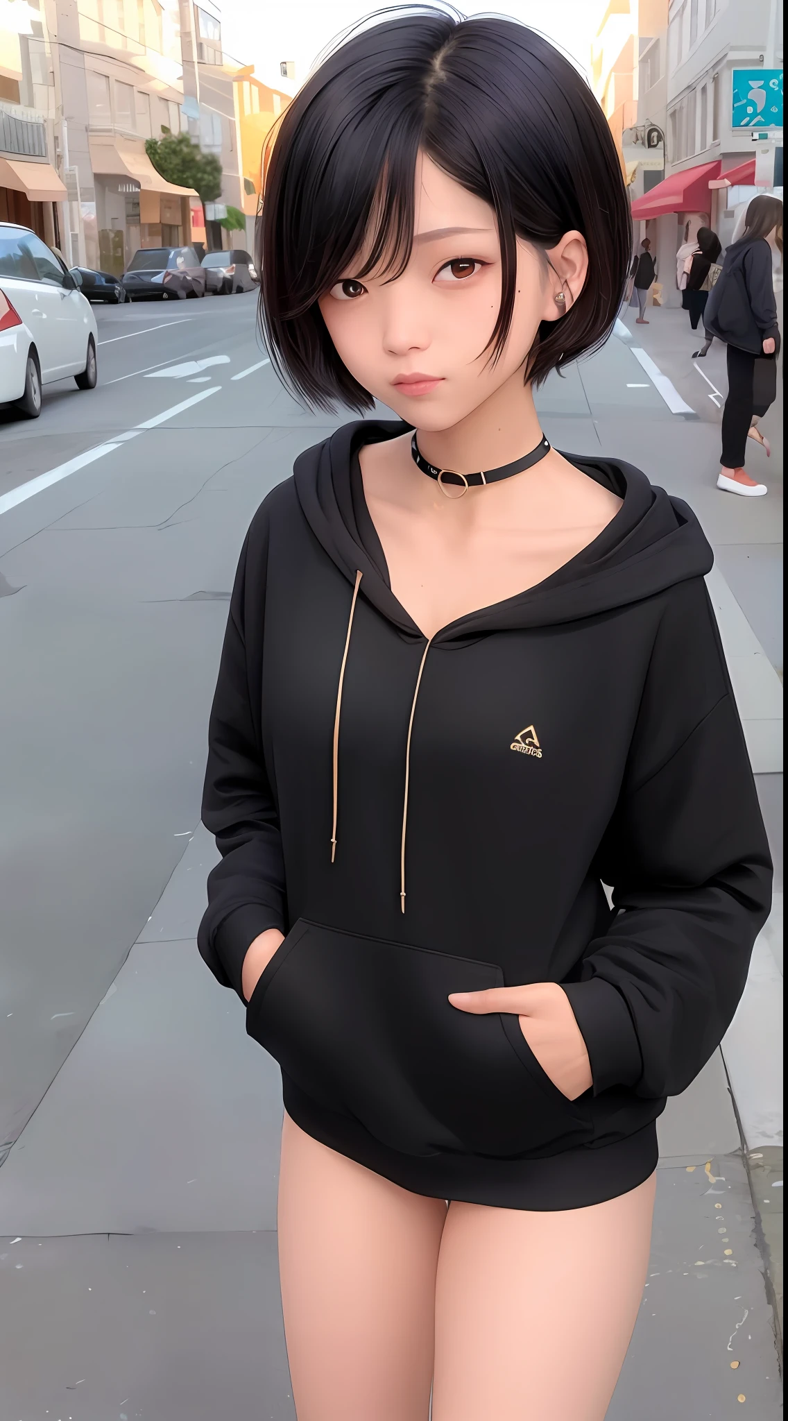 [1girl:1girl:0.3], girl, solo, short black hair, pixie cut, tan, (muscular:0.9), (medium breasts:0.1), (medium breasts: 0.25), messy hair, lovestruck, full-face blush, choker, BREAK (sexy black oversized_hoodie:1.1) BREAK San Francisco sidewalk, dramatic lighting, absurdities, best quality, clouds, golden hour, sunlight,