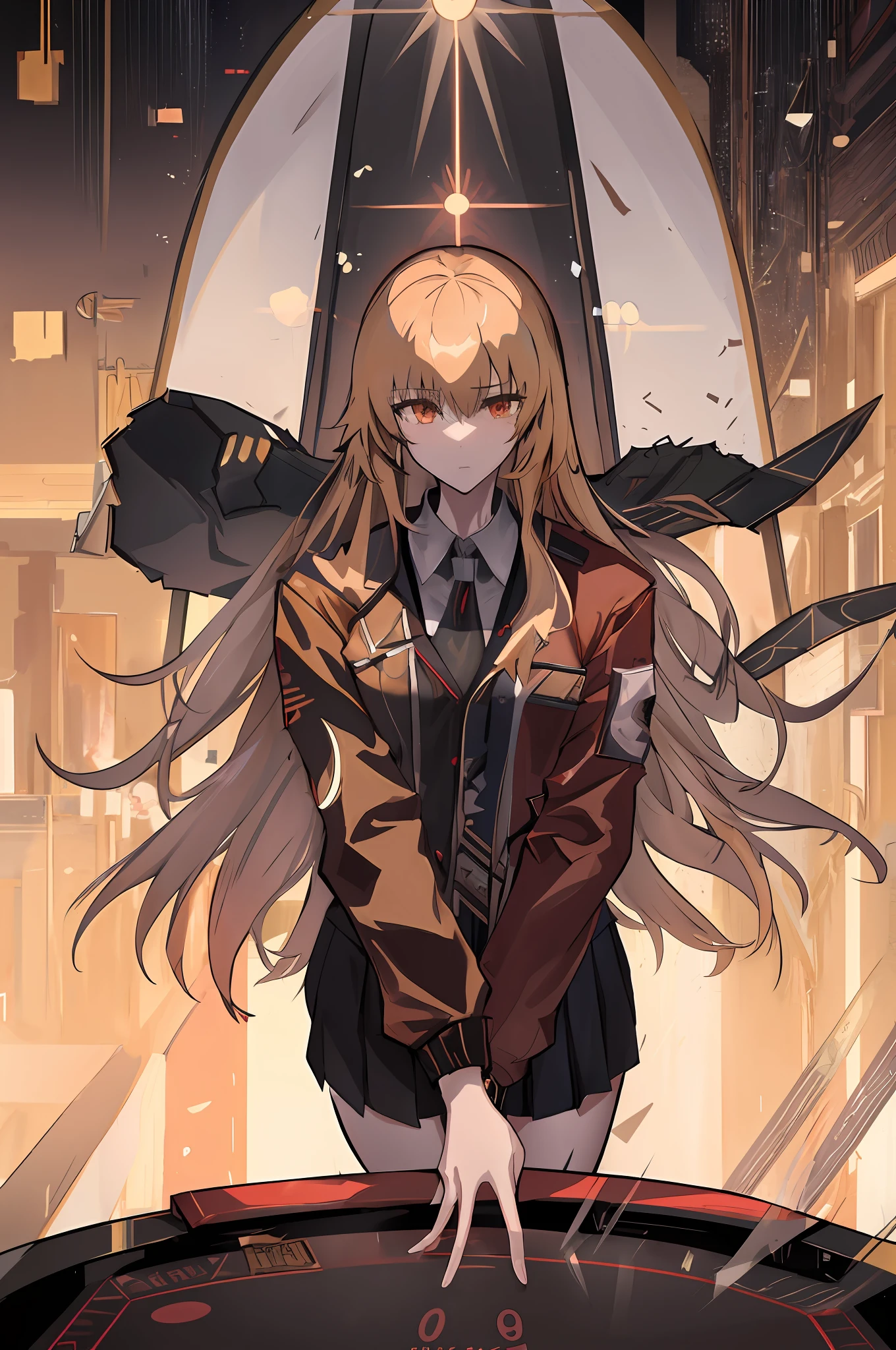 anime girl with long hair and a brown jacket standing in front of a casino table, blonde anime girl with long hair, girls frontline style, from girls frontline, anime girl with long hair, anime style like fate/stay night, girls frontline cg, fine details. girls frontline, anime style 4 k, badass anime 8 k, best anime 4k konachan wallpaper