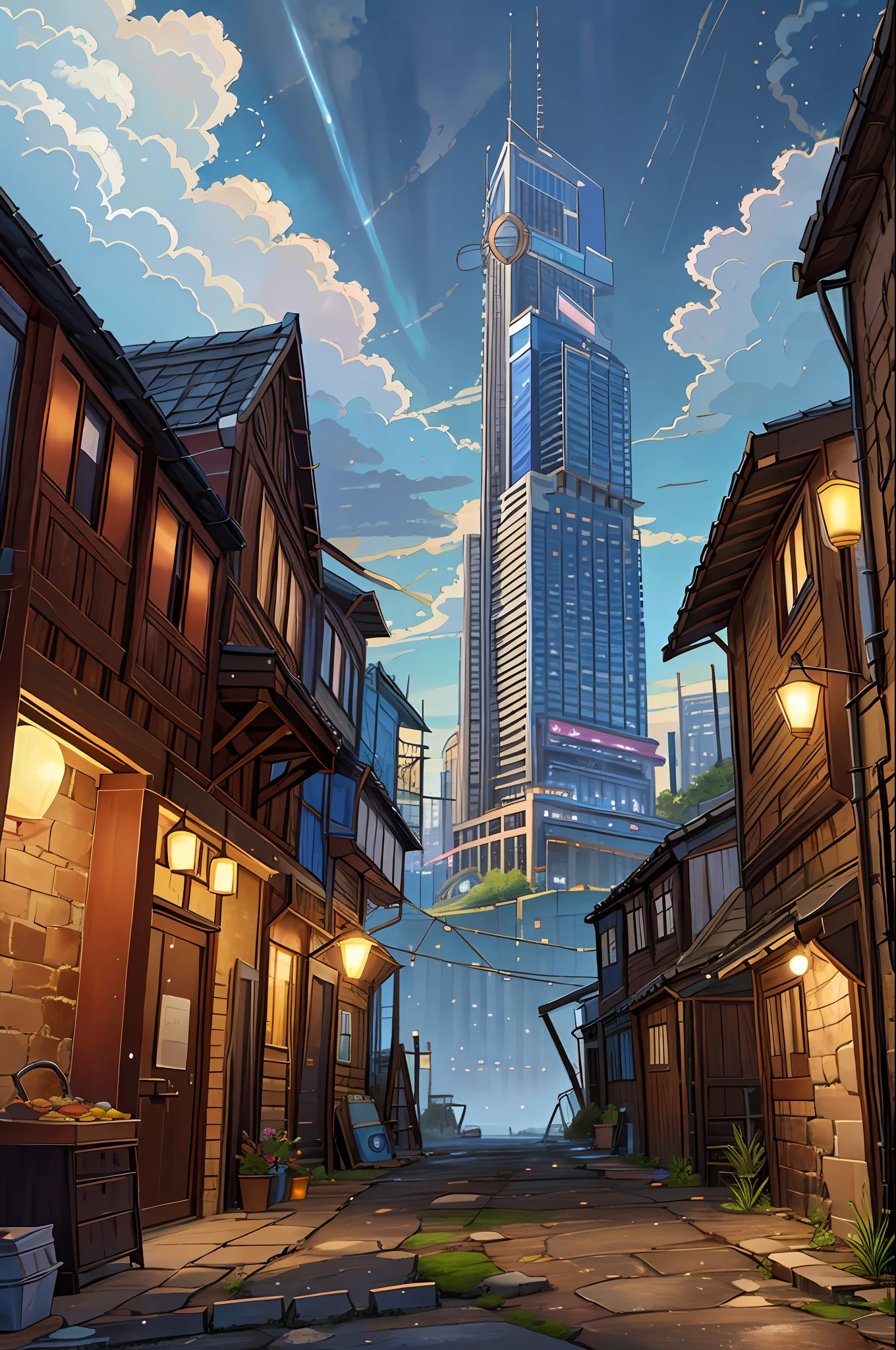 Modern skyscraper towering over an old abandoned medieval town, sheds and taverns, storm clouds, urban setting and a hello kitty shop