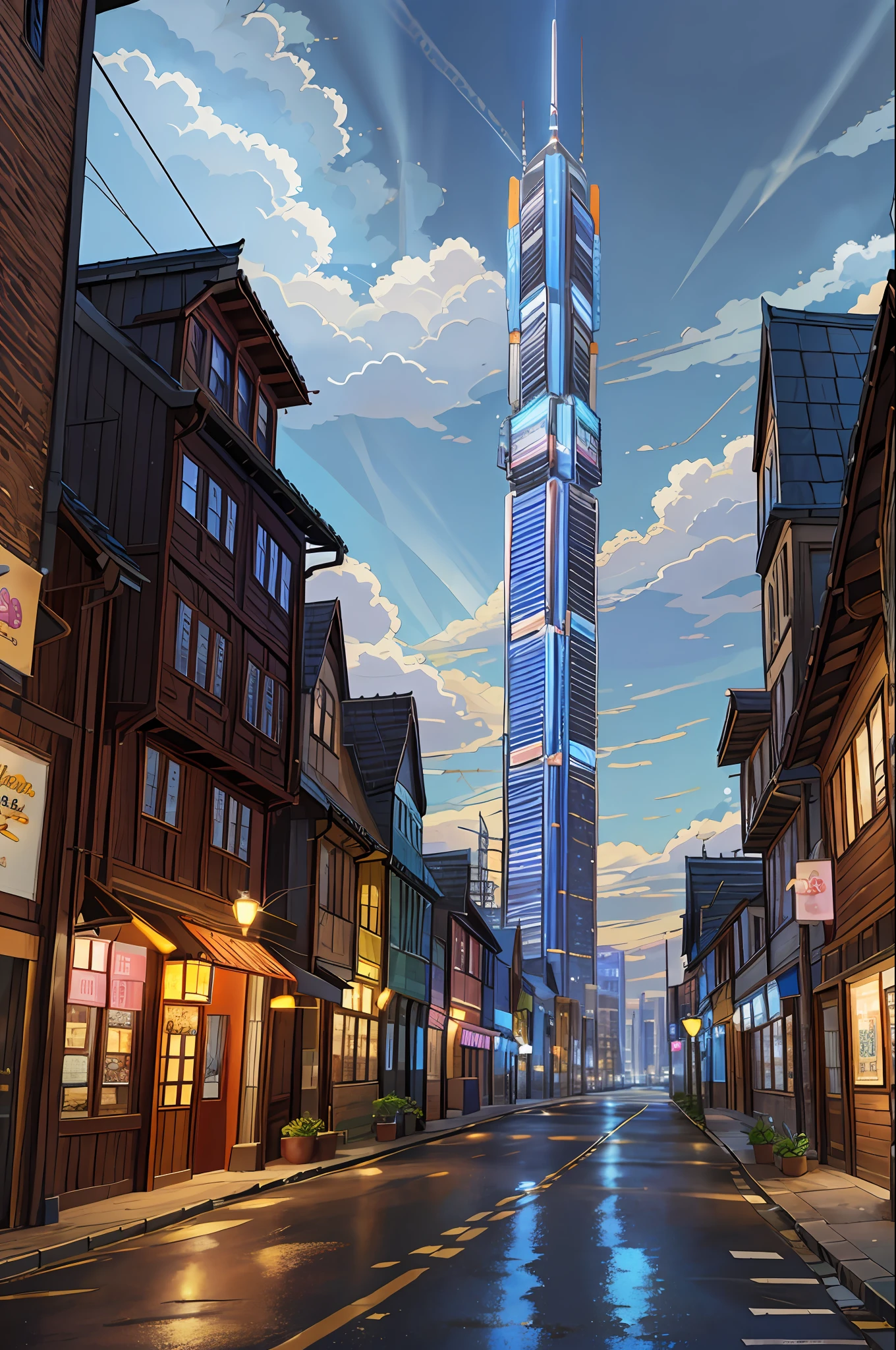 Modern skyscraper towering over an old abandoned medieval town, sheds and taverns, storm clouds, urban setting and a hello kitty shop