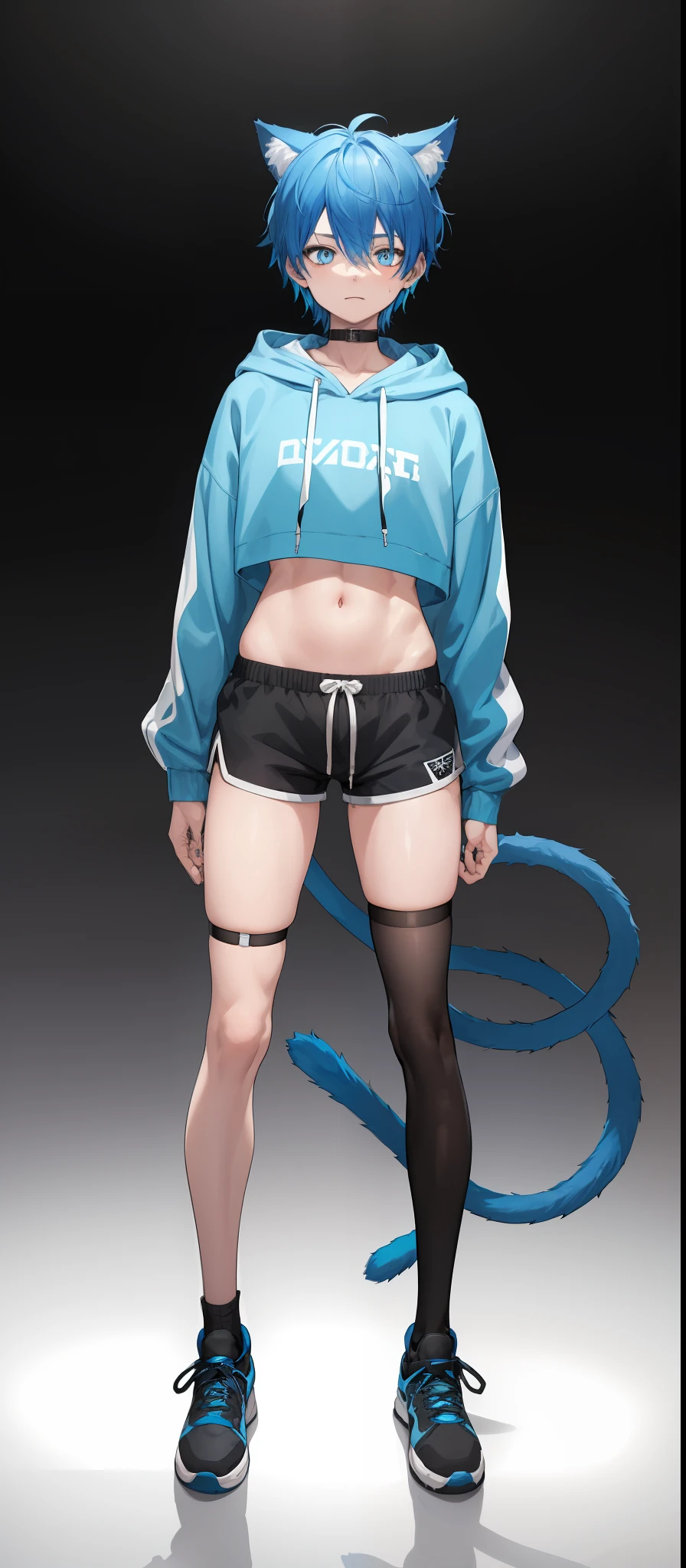 1boy, messy blue hair, glowing blue eyes, cropped blue hoodie, toned, slim, big thighs, big buttocks, black thigh highs, black shoes with white laces, full body view, masterpiece, HD, vibrant, big sharp cat ears, cat tail, black cotton gym shorts