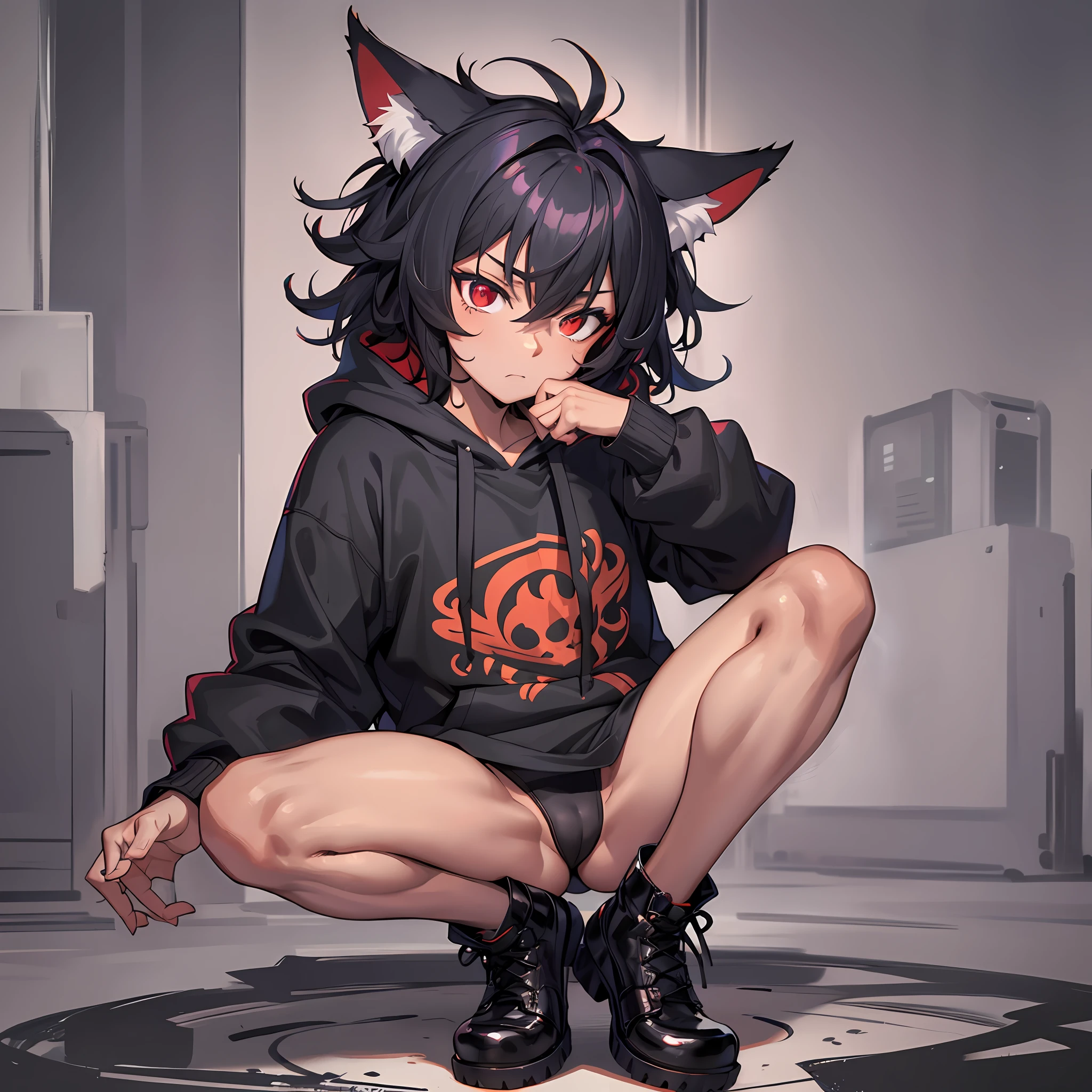 one boy, toned, flexing, sharp big cat ears, cat tail, big black messy hair, extremely vibrant red eyes, masterpiece, vibrant, thong, slim dark black hoodie, full body view, neutral face, black thigh socks, combat boots.