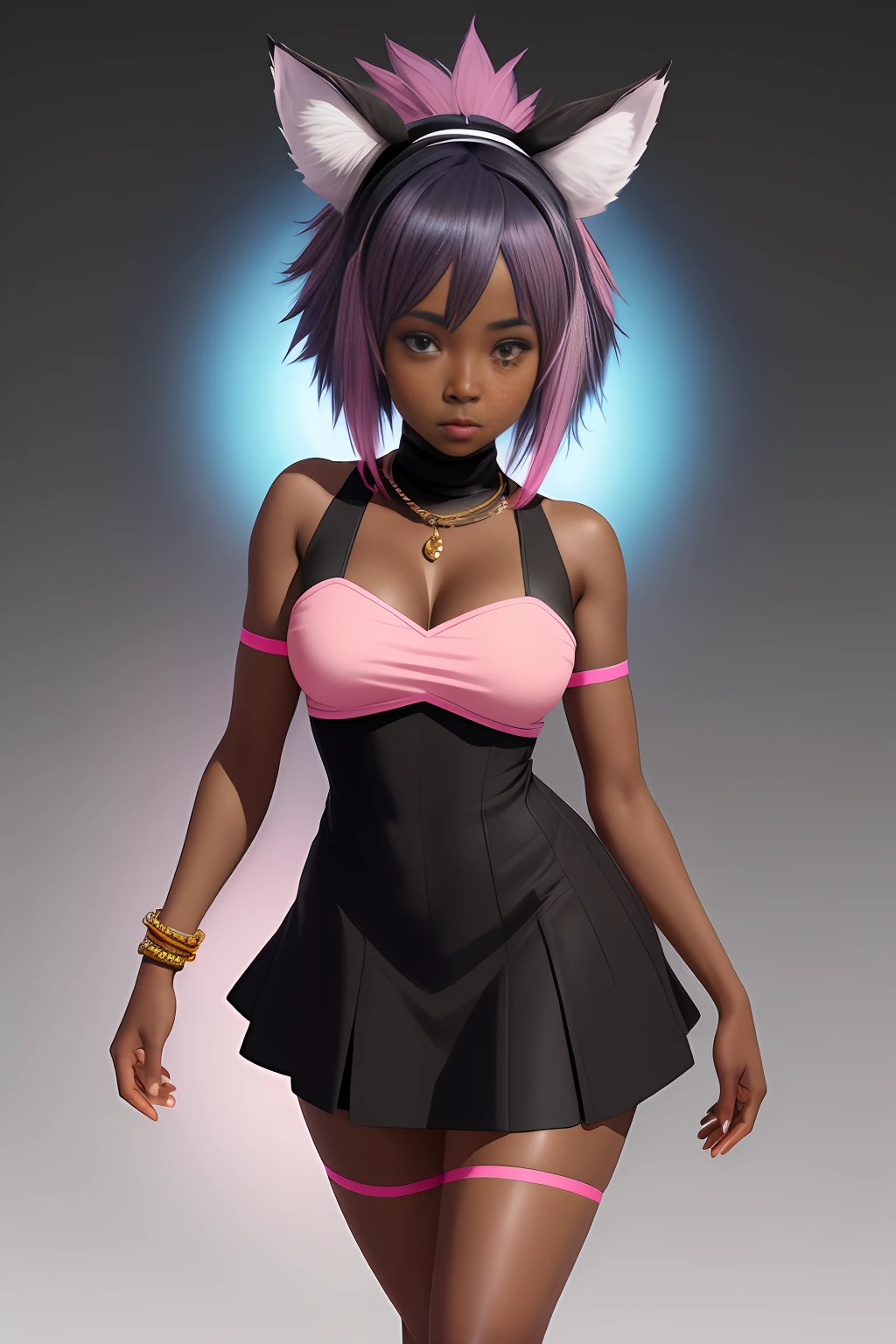 african woman, black skin, wearing a short dress, long black socks, blue and pink hair degrade, whole body, raised eyebrows, fake animal ears, concept art, Ghibli-like colors, Ashcan School, motion blur, cinematic lighting, silhouette, masterpiece, anatomically correct, textured skin, super detail, high details, high quality, highres, best quality, anatomically correct, textured skin, super detail, High details