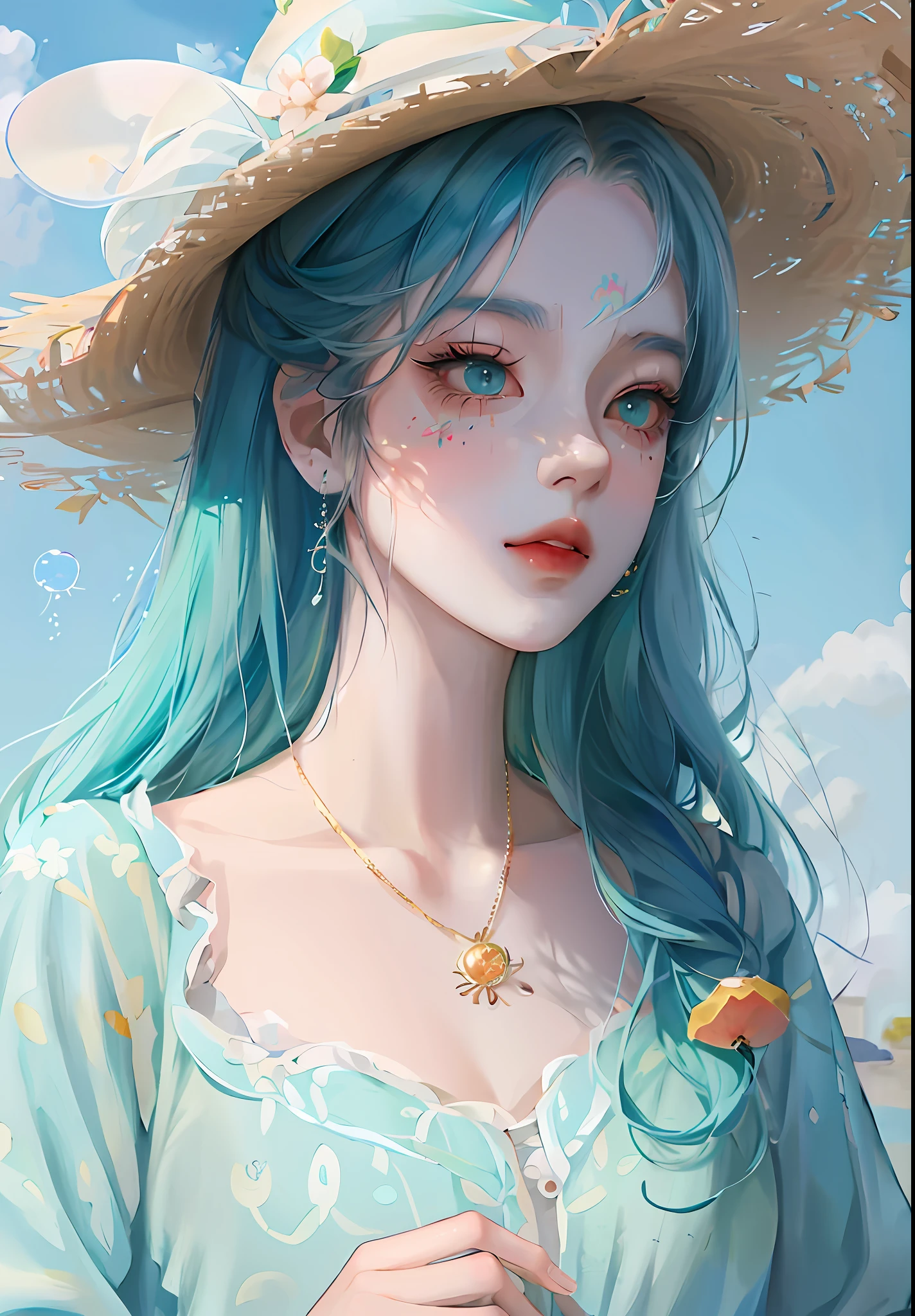 anime girl with blue hair wearing a straw hat and a blue dress, artwork in the style of guweiz, beautiful anime portrait, guweiz, beautiful anime girl, beautiful anime style, anime girl with teal hair, anime style. 8k, in the art style of bowater, beautiful digital illustration, beautiful character painting, stunning anime face portrait