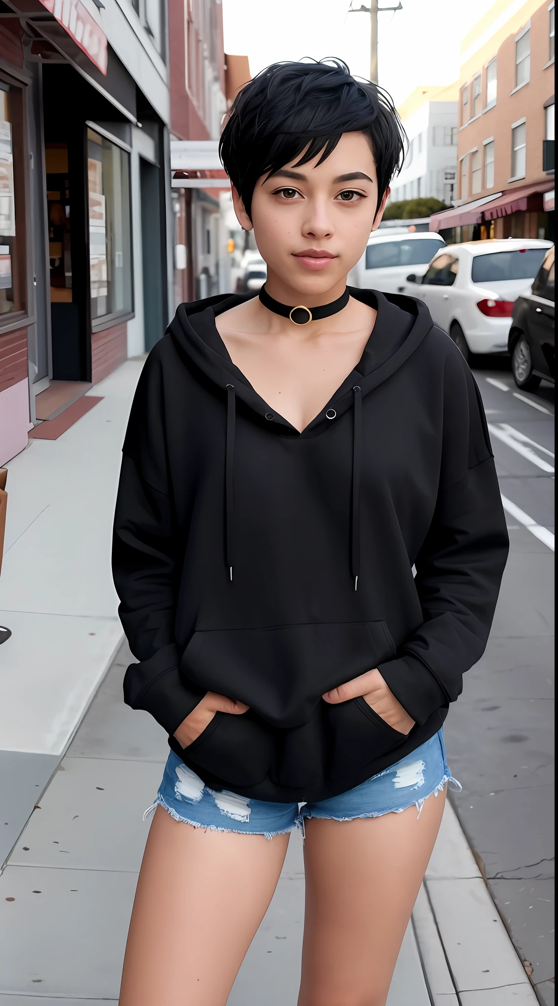 [1girl:1girl:0.3], girl, solo, short black hair, pixie cut, tan, (muscular:0.9), (medium breasts:0.1), (medium breasts: 0.25), messy hair, lovestruck, full-face blush, choker, BREAK (sexy black oversized_hoodie:1.1) BREAK San Francisco sidewalk, dramatic lighting, absurdities, best quality, clouds, golden hour, sunlight,