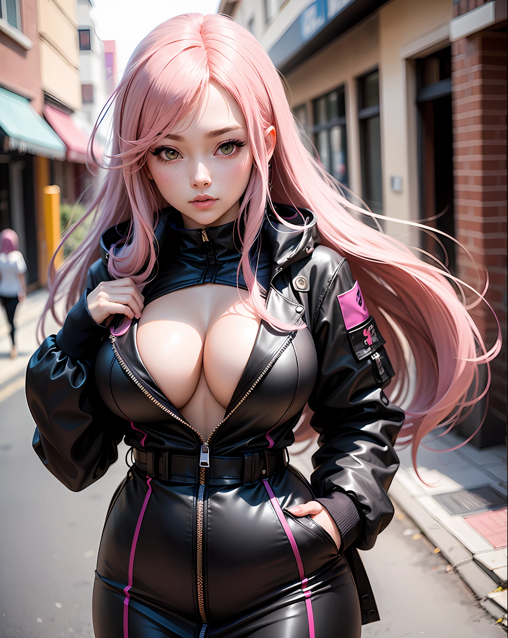 Araffe with long pink hair and a black jacket posing for a photo, solo girl, solo, anime girl cosplay, anime girl in real life, anime cosplay, hyper realistic anime, anime character; full body art, realistic anime, realistic anime art style, ultra-realistic anime, anime character, as an anime character, anime-inspired, big boobs, sensual, cleavage, realistic anime girl, waifu anime. (Maximum quality, ultra detailed and realistic, professional photography, masterpiece, depth of field, realistic style).