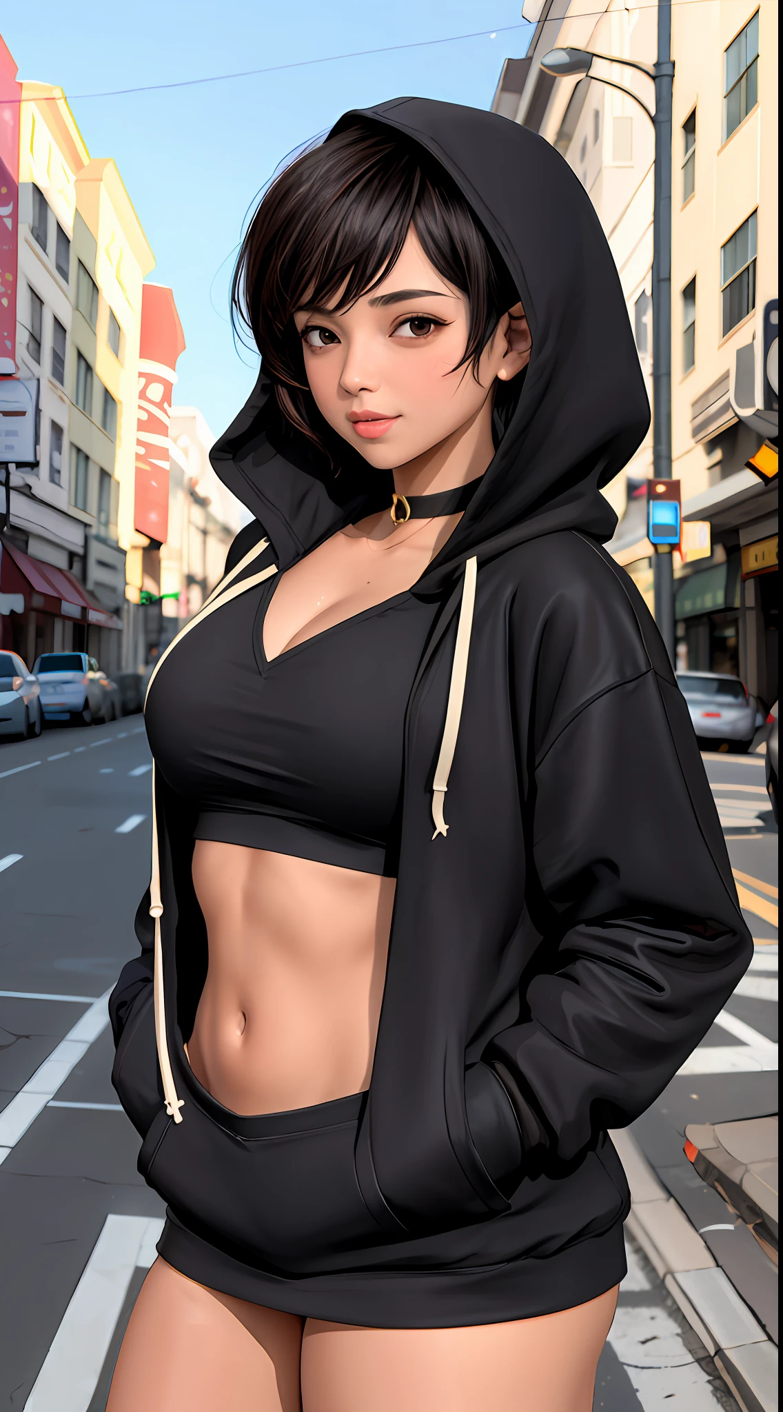 [1girl:1girl:0.3], 2 girls, solo, short medium black hair, pixie cut, tan, (muscular:0.9), (medium breasts:0.1), (medium breasts: 0.25), messy hair, lovestruck, full-face blush, choker, BREAK (sexy black oversized_hoodie:1.1) BREAK San Francisco sidewalk, dramatic lighting, absurds, best quality, clouds, golden hour, sunlight,