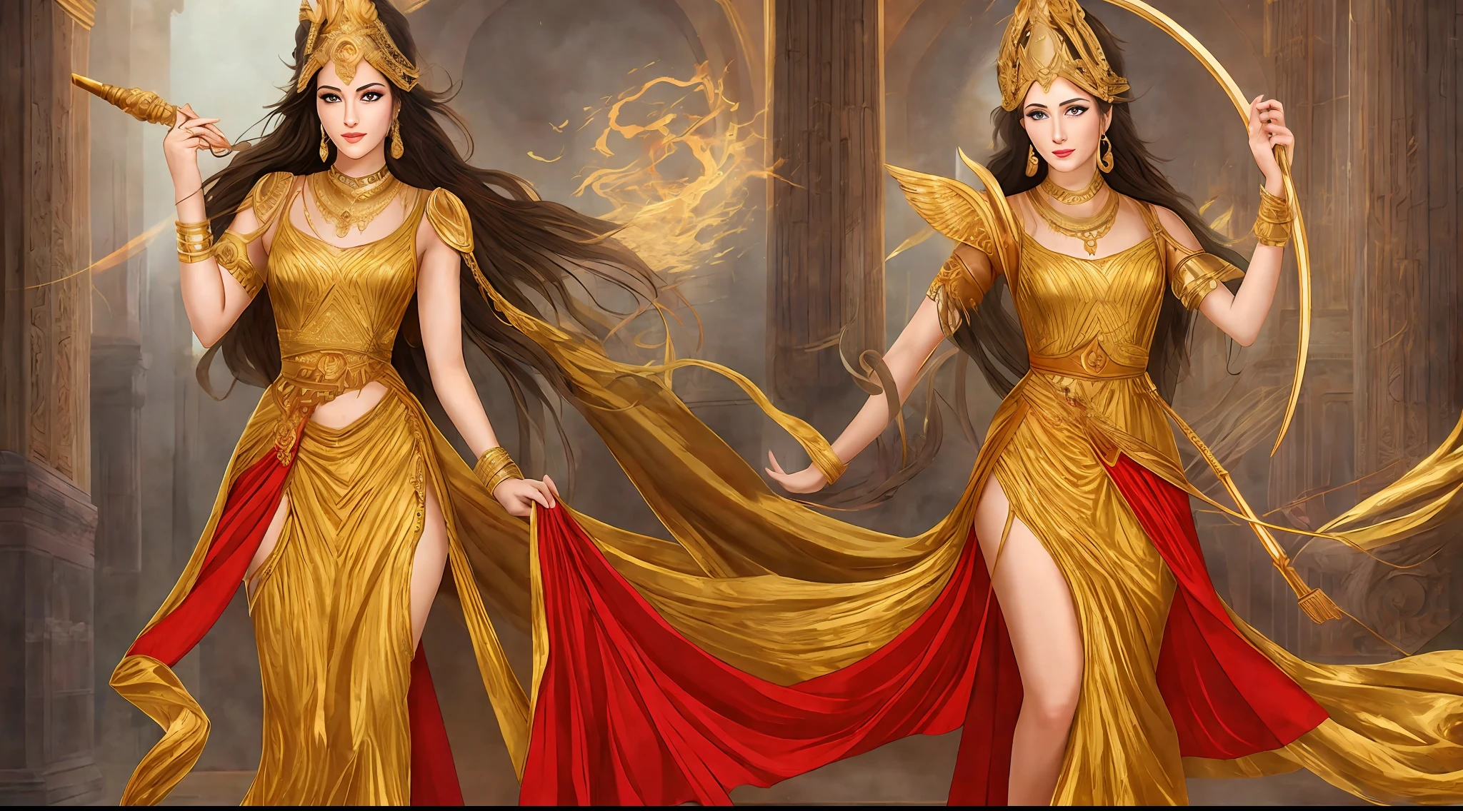 woman goddess Asher,sexy dress,golden and mythological background,