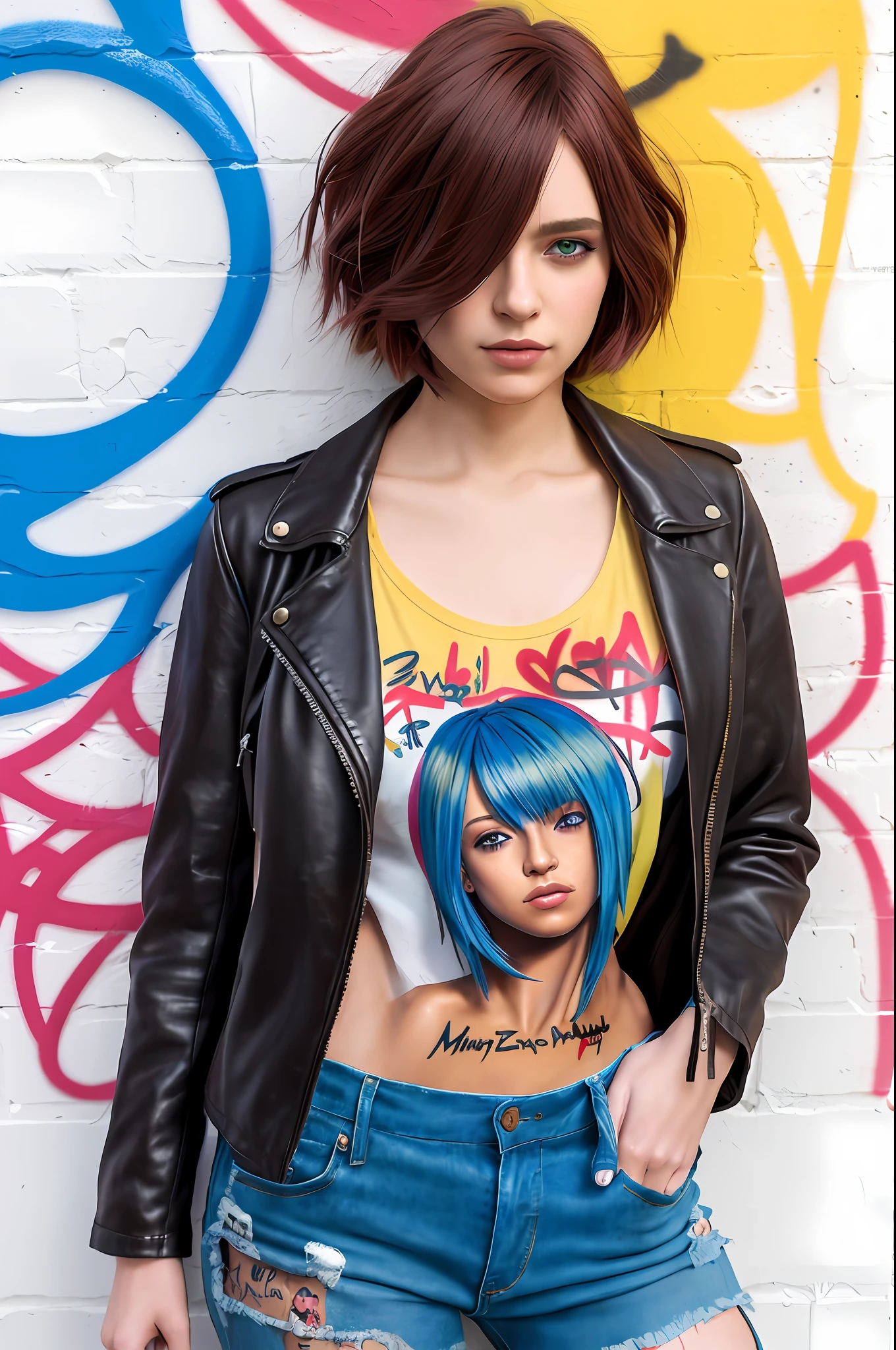 (best quality, masterpiece, realistic, detailed), 8k CG, perfect artwork,blue hair, messy Bob haircut, brown eye, little angel tattoo on left front shoulder,ectemorph body type, small breasts, medium butt, dressed, casual wear, face with smile, colorful graffiti in front of the wall,leather jacket, skin white, full body, white crop