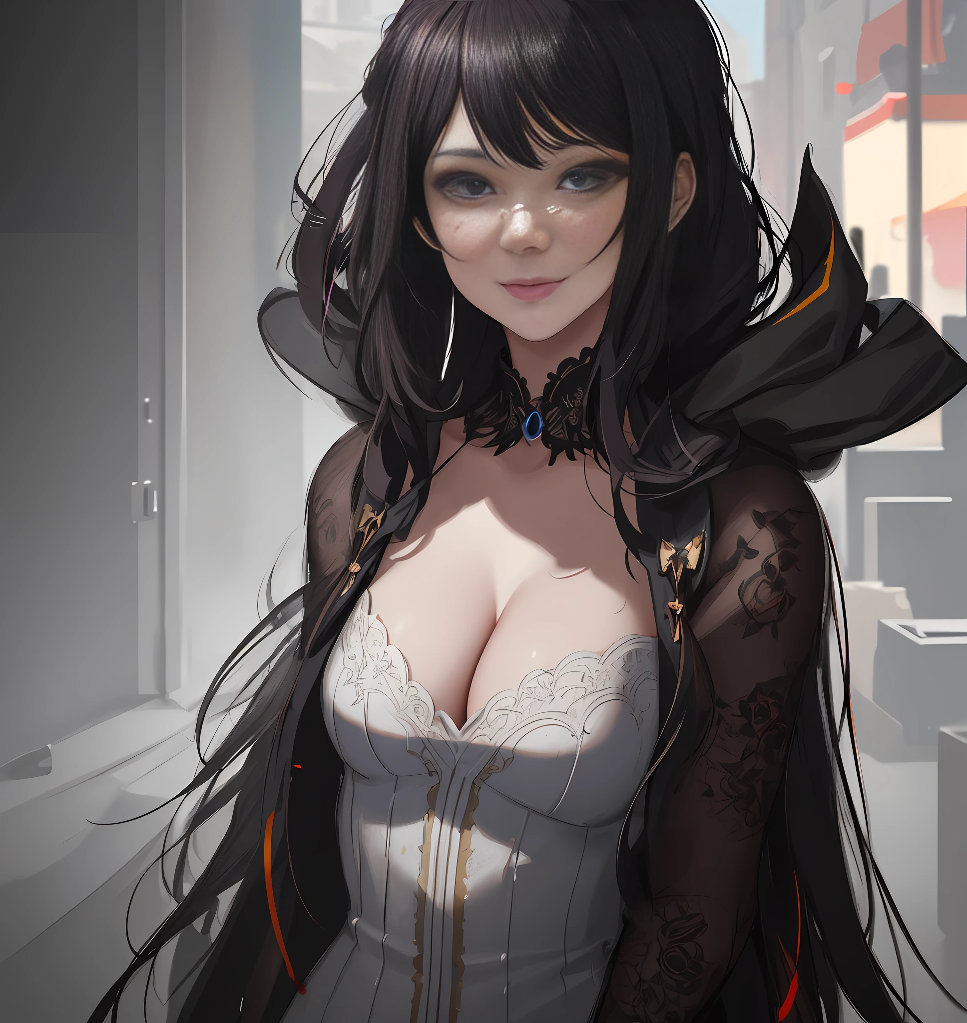 model colorful, small smile, summer, anime art, black eyes, cleavage, long hair, fickle face, perfect anatomy, hyper 4K detailed painting, 4k resolution concept art portrait by Greg Rutkowski Artgerm WLOP Alphonse Beeple Caravaggio, muted colors, hyper-detailed intricately detailed art triadic colors, volumetric lighting, perfect composition, beautiful detailed intricate insanely detailed octane render trending on artstation, 8k artistic photography, photorealistic, soft natural volumetric cinematic perfect light, chiaroscuro, masterpiece, digital painting, symmetrical, illuminating, super detailed face, smooth soft skin