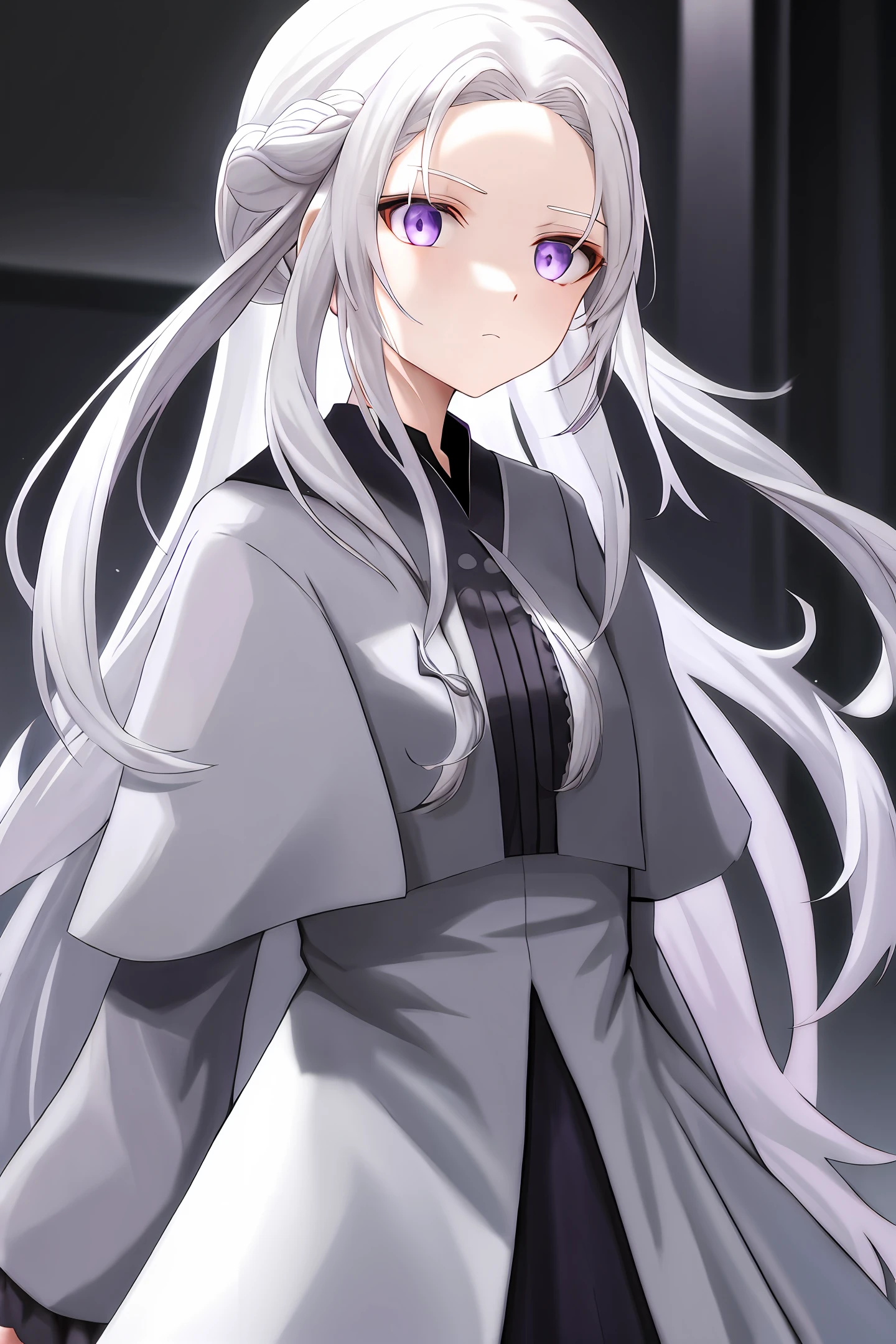 White hair, purple eyes, double ponytail, dress, gray clothes, expressionless