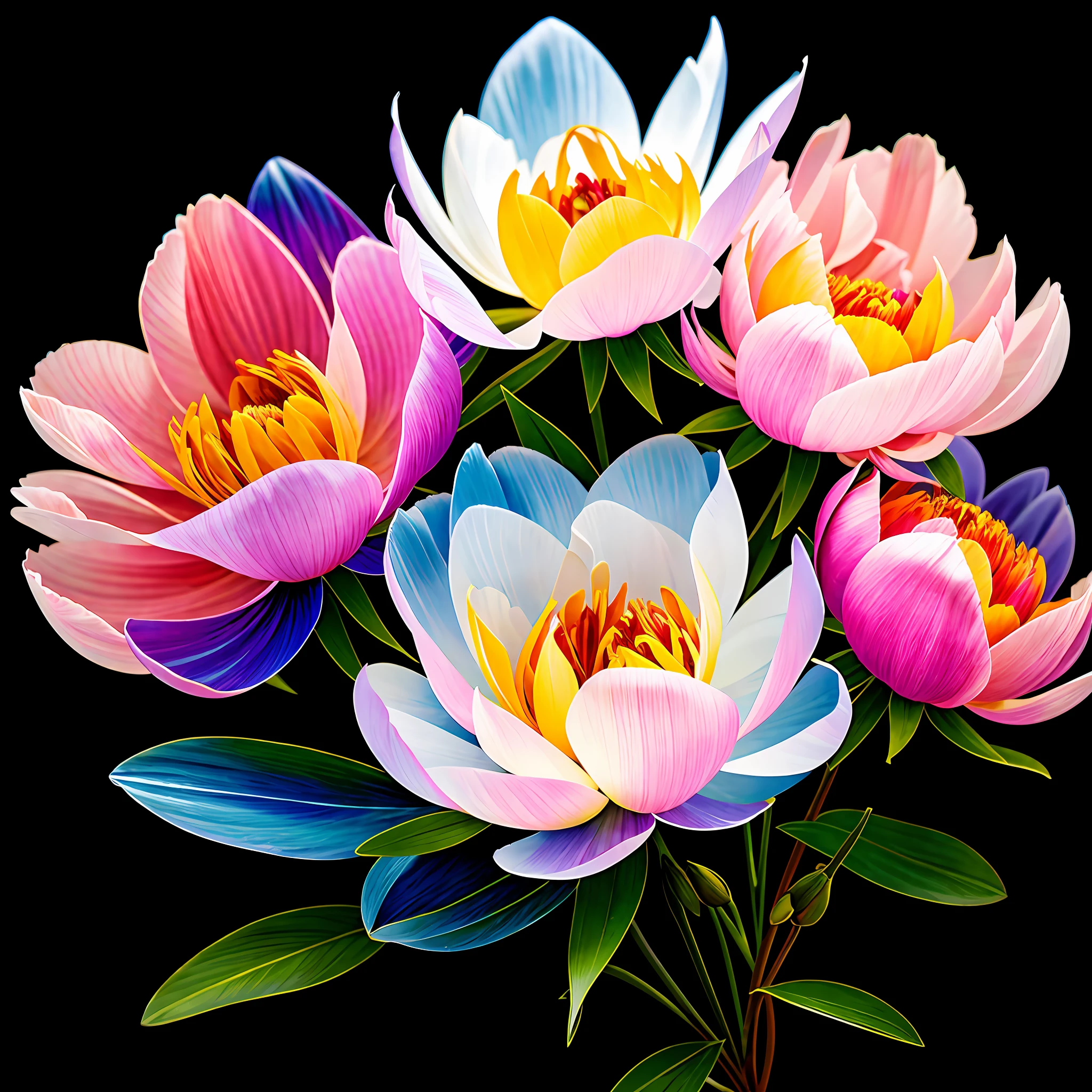 bouquet of delicate colorful peony flowers, super transparent, holy light, beautiful spectral light, petals glow, flashing, dark background, transparent light drops, reflective light