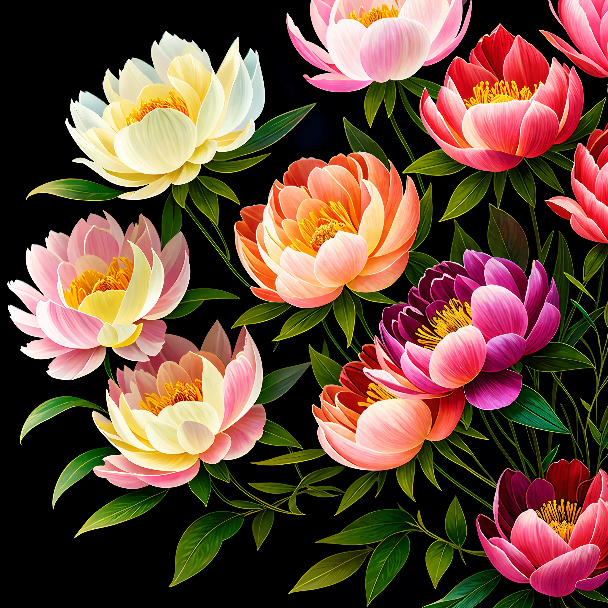 bouquet of delicate flowers Colorful peony, super transparent, holy light, beautiful spectral light, petals glow, flashing, dark background, transparent light drops, reflective light, bright, light flowing in, optics, profile portrait