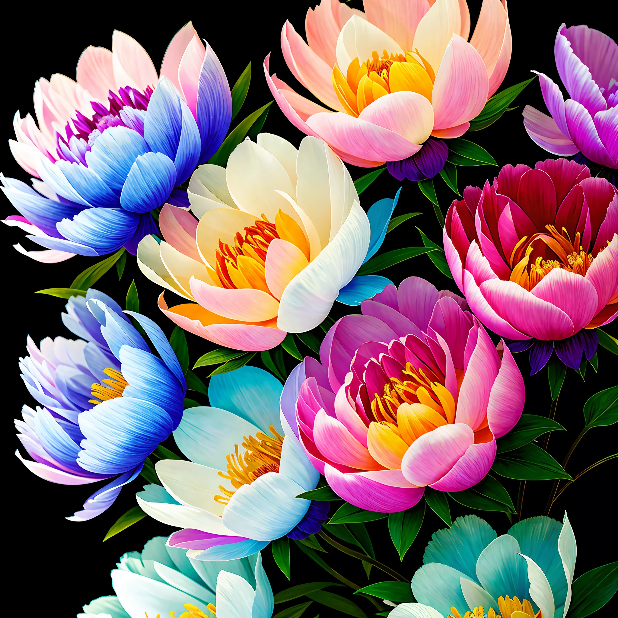 bouquet of delicate colorful peony flowers, super transparent, holy light, beautiful spectral light, petals glow, flashing, dark background, transparent light drops, reflective light, bright, light flowing in, optics, portrait profile, sharp focus, magic