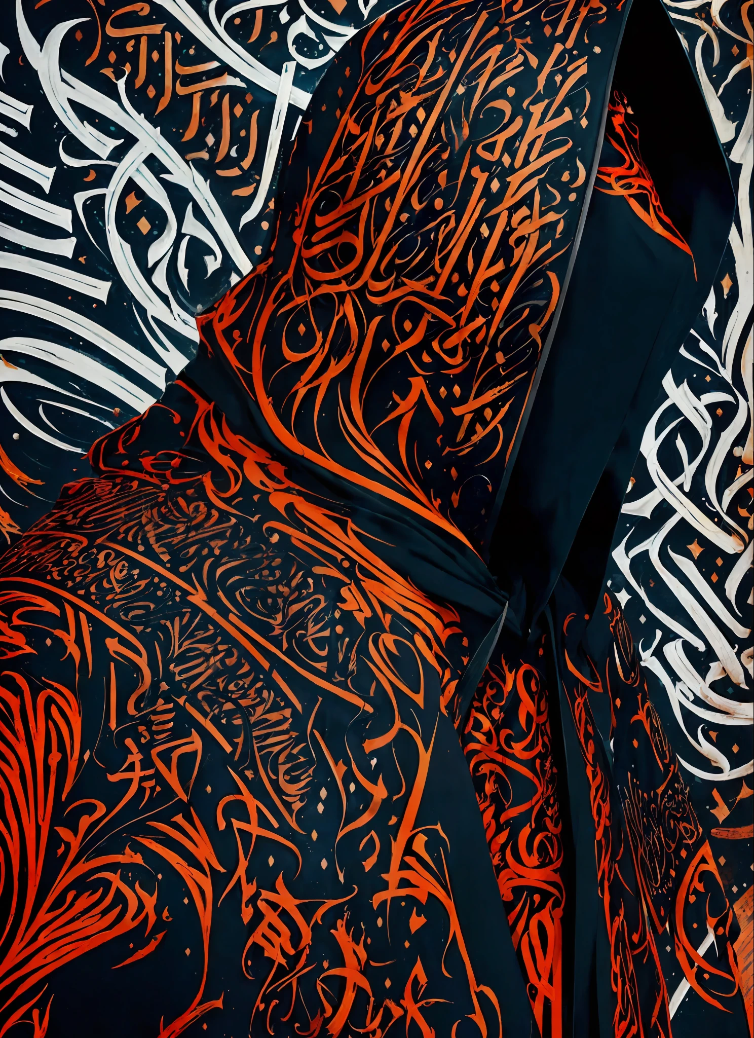 masterpiece, (calligraphy: 1.49) art, (calligraphy: 1.49), modern art, brushstrokes, dark intricate, somber portrait of a magician with flaming eyes in a flaming hooded cape, close-up, abnormally pale skin, (calligraphy: 1.49) facial tattoo, surrealist, fashion photography, abstract, absurd resolution flame_surge_style street