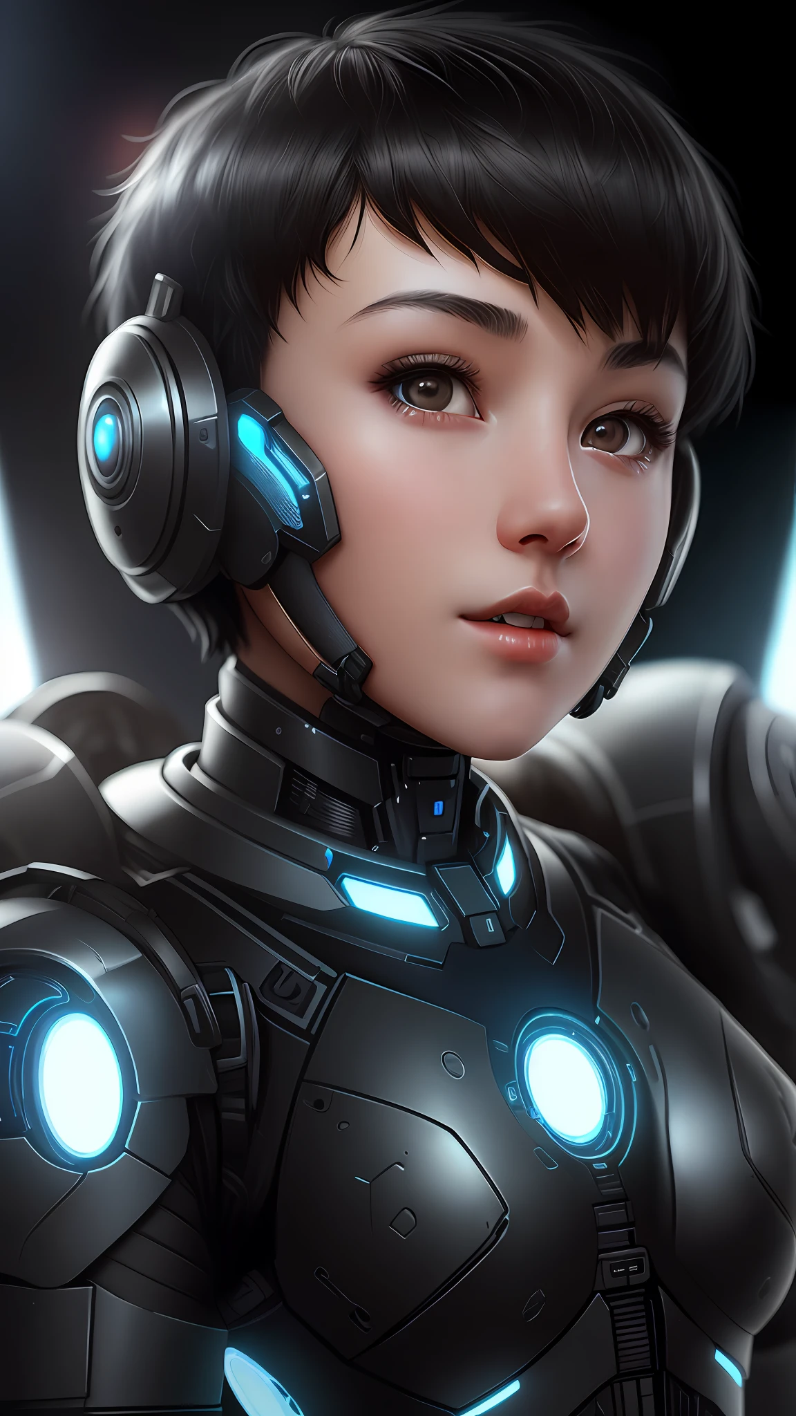 Girl with short black hair, wearing cybernetic armor, (highly detailed skin), 8k uhd, dslr, soft lighting, high quality, 80mm, hasselblad, HDR