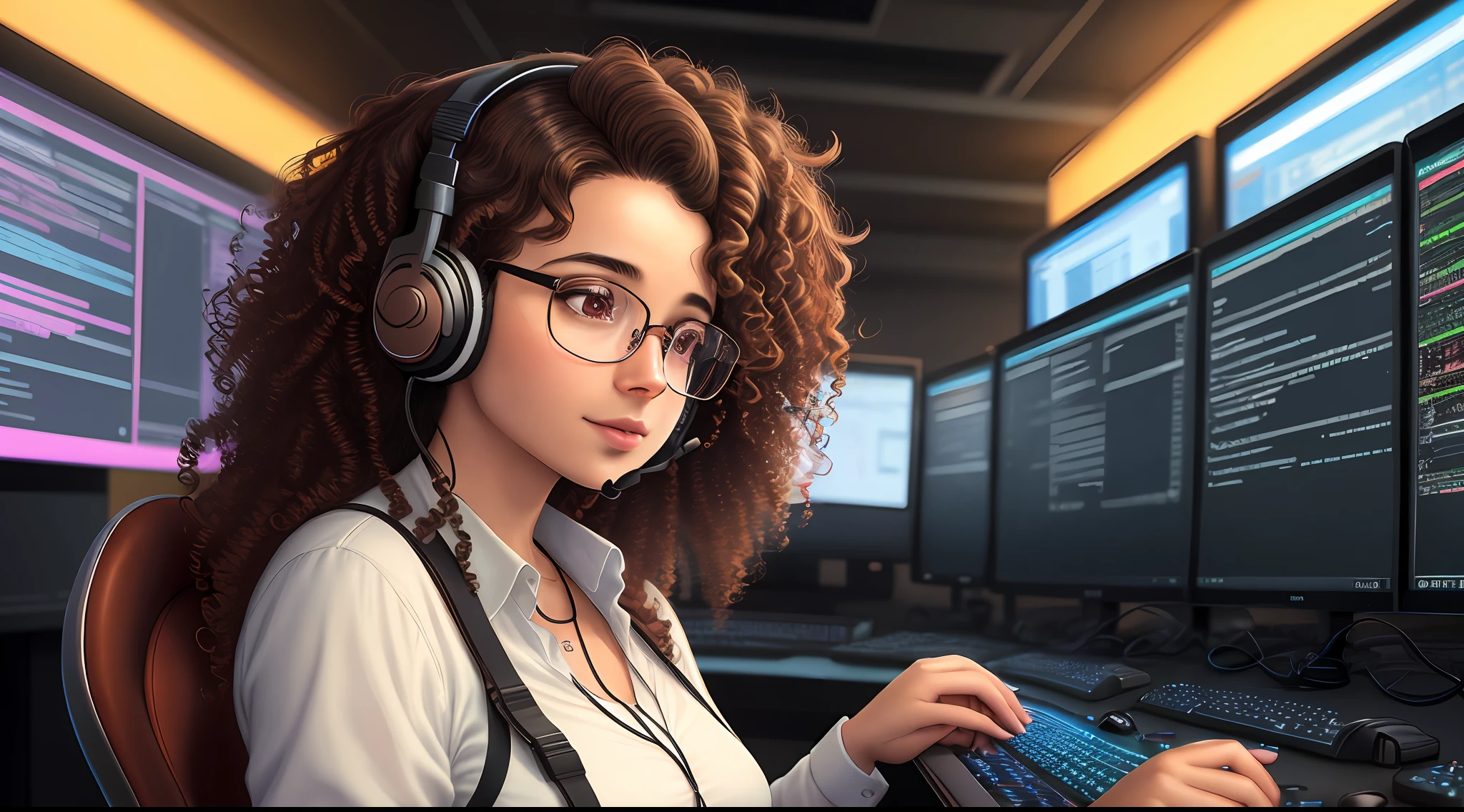 Background, Realism, high quality, woman wearing glasses, brown and curly hair, fiddling with computer, two monitors, headset, neon, technology