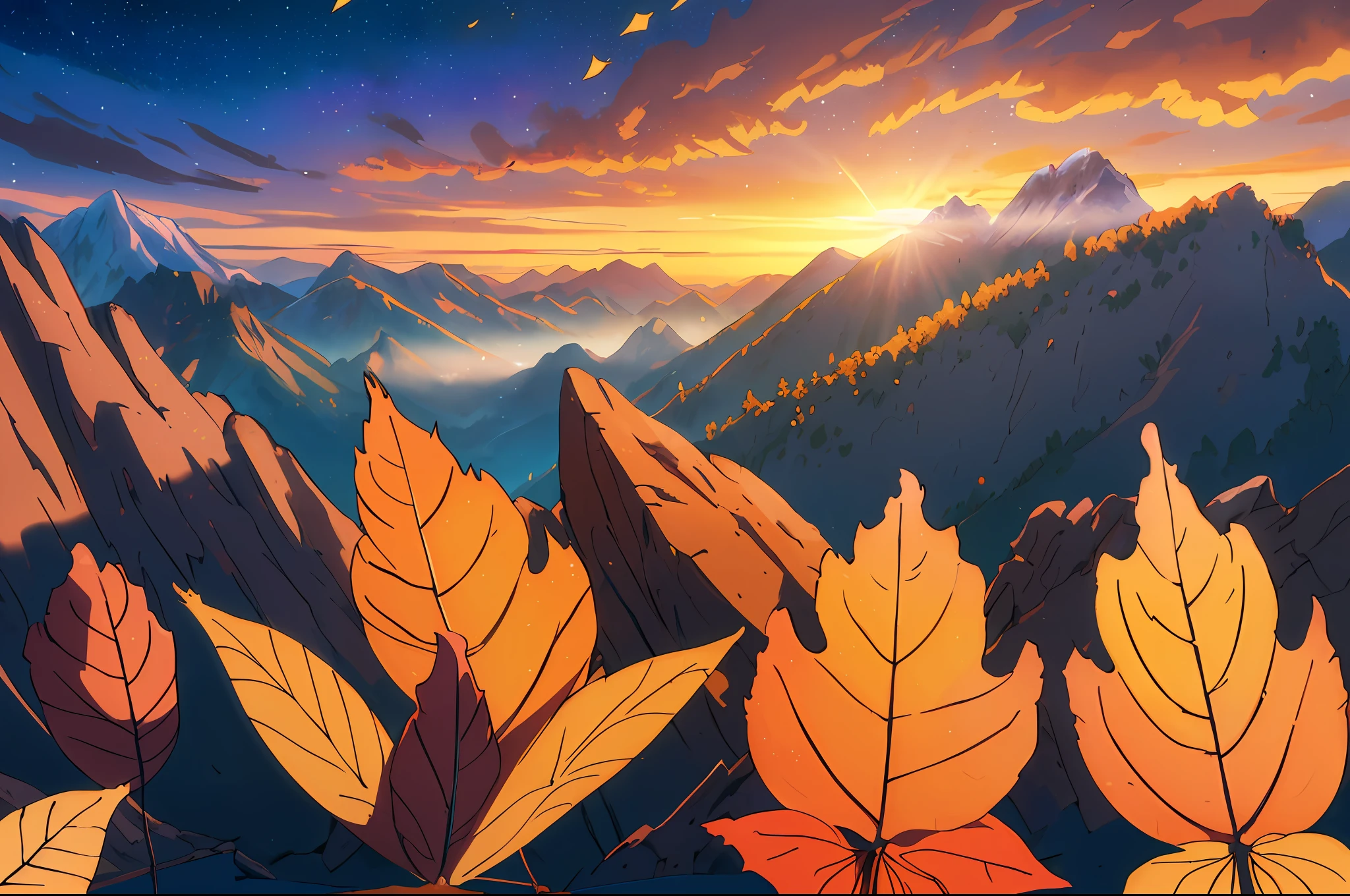 Masterpiece, best quality, (very detailed CG unity 8k wallpaper) (best quality), (best illustration), (best shadows) , super detailed , Scenery, mountain vistas, floating leaves, autumn, light and shadow, dream, shooting stars in the sky, evening, wanostyle --v6
